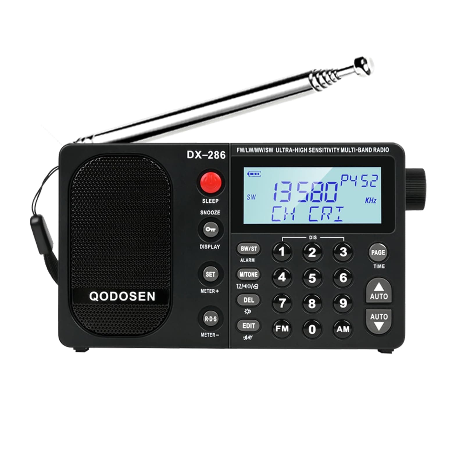 DX-286 Portable Shortwave Radio FM Stereo/AM/LW/SW, Ultra High Sensitivity Full Band Radio with TEF6686 Chip, LCD Display RDS Alarm Clock and 18650 Rechargeable Battery (Black)