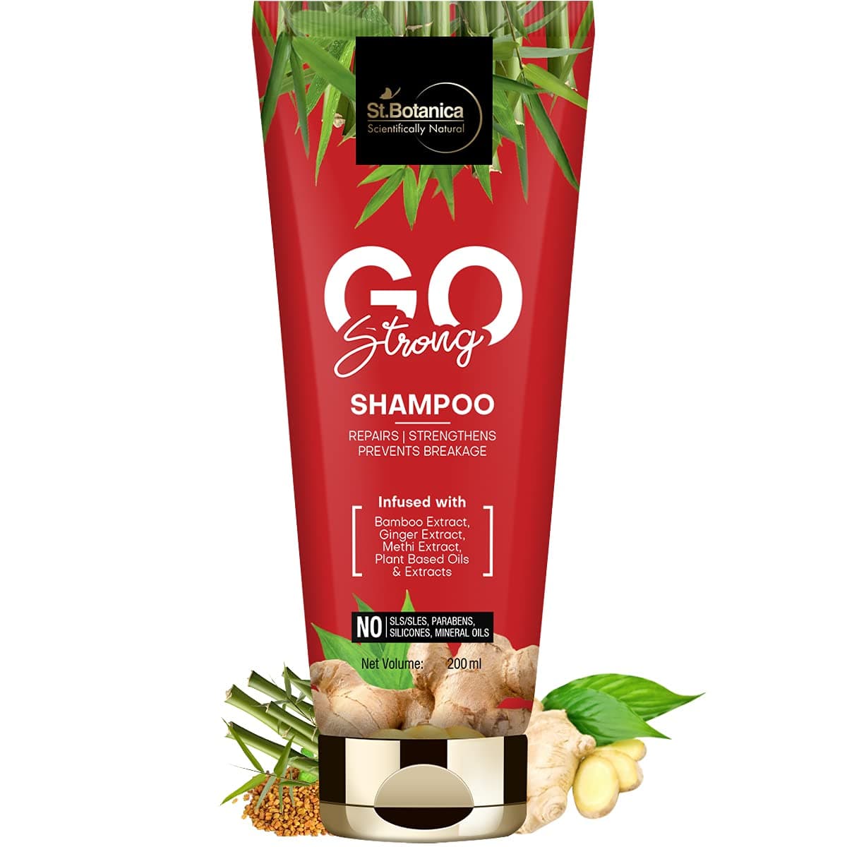 St.Botanica Go Strong Shampoo, 200ml Infused with Bamboo, Ginger & Methi Extracts to Strengthen Hair & Promote Hair Growth | No Parabens & Sulphates | Vegan & Cruelty Free