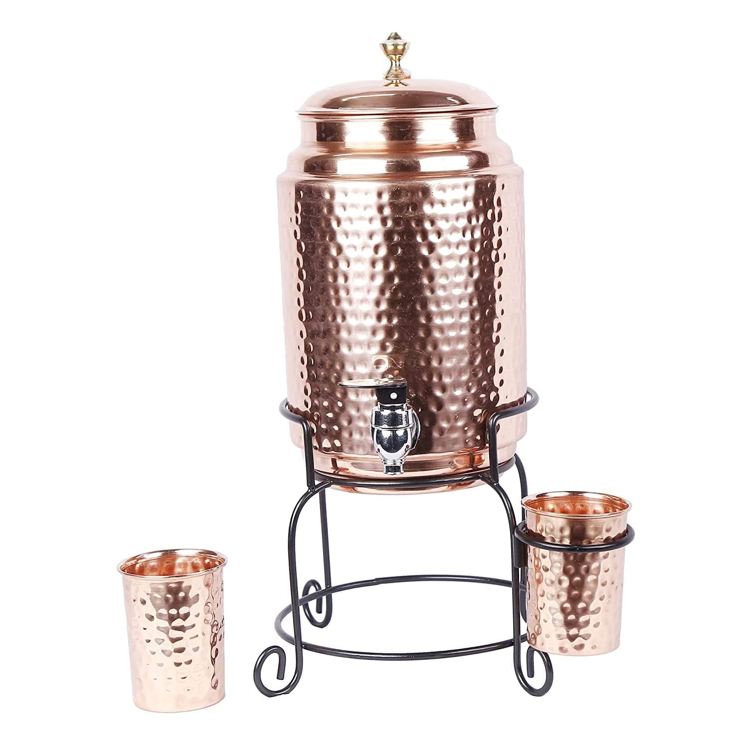 R Ayurveda Copper Handmade Copper Matka Hammer Beads Dots 5 Litre Copper Water Dispenser (Matka/Pot) Container Pot with 2 Copper Glass and Stand ,Pure Copper and Ayurveda Health Benefits (Storing Capacity 5 Liter) for home office and party