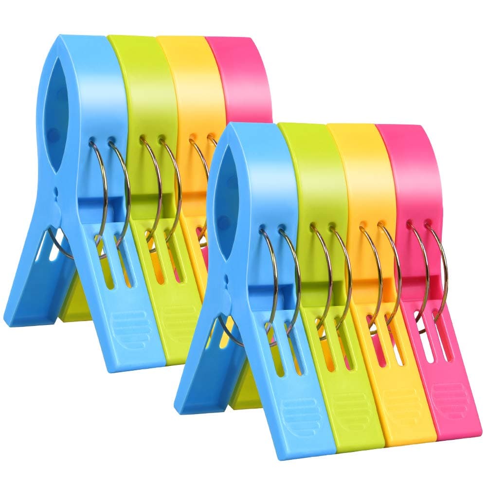 URAQT Beach Towel Clips, 8 Pcs Large Laundry Clip Towel Pegs, Bright Color Plastic Quilt Clips for Sunbeds, Sun Loungers, Pool Chairs, Laundry
