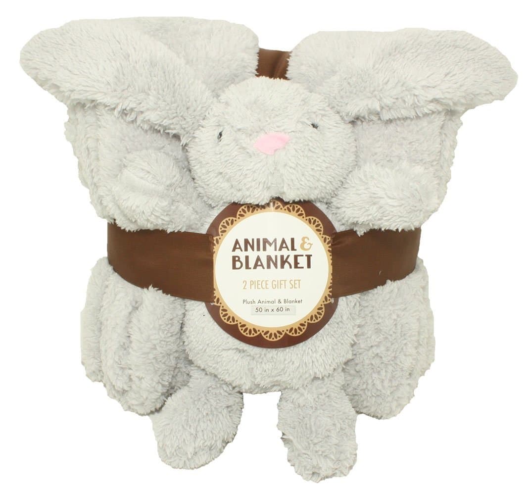 Silver One Sherpa Plush Stuffed Animal and Throw Blanket 2 Peice Gift Set for Kids/Children | 50" x 60" Soft Plush Throw | Get Well Gifts Grey Bunny