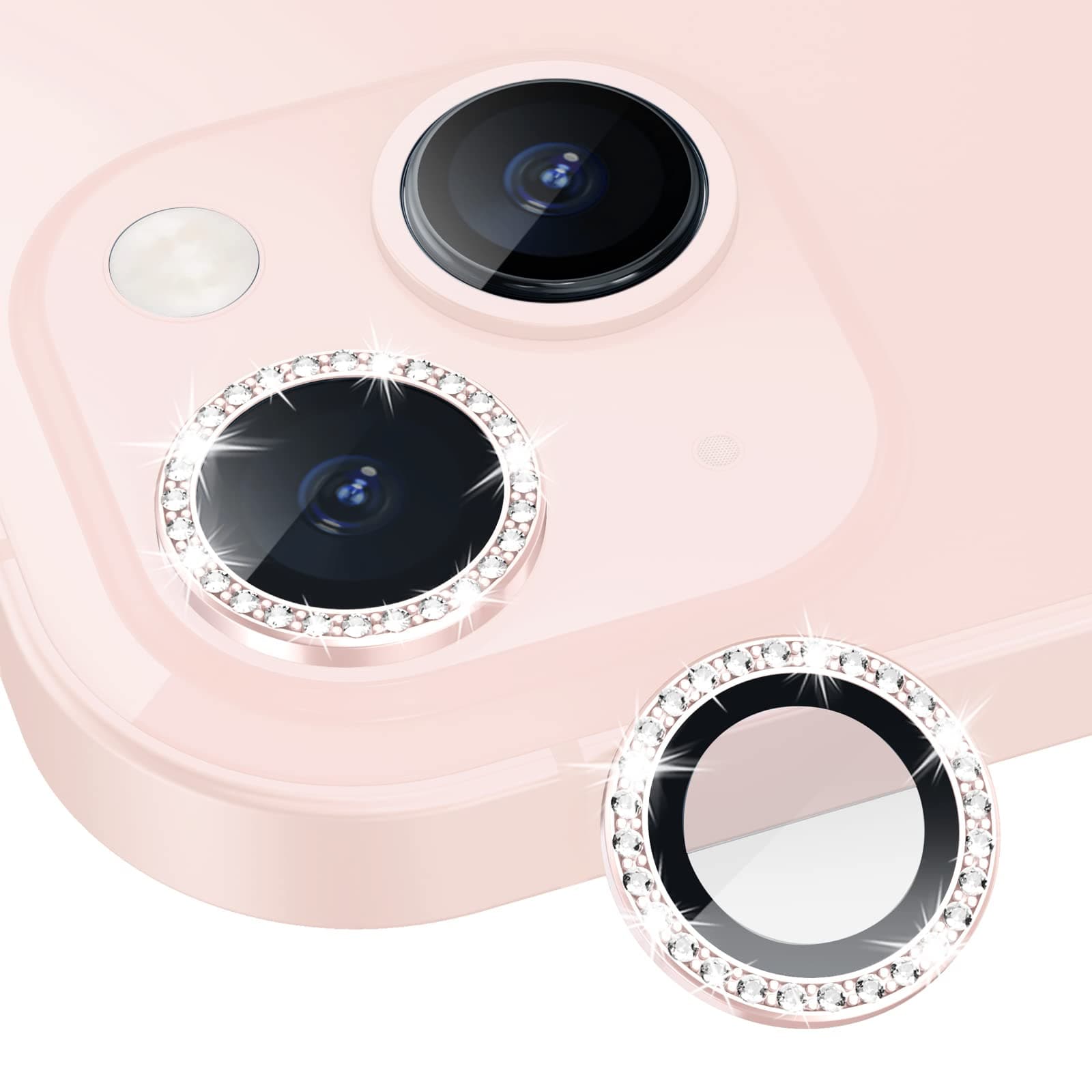 Xfilm Bling Diamond Individual Camera Lens Protector for iPhone 13 / iPhone 13 Mini, HD Clear Tempered Glass Camera Lens Screen Protection Cover, Case Friendly, Scratch Proof (Pink)