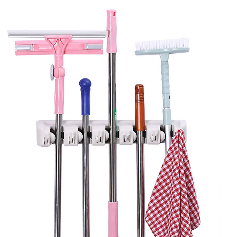 SeaTrade Wall Mounted Mop and Broom Holder, 5 Position with 6 Hooks Storage Solutions for Broom Holders, Garage Storage Systems Broom Organizer for Garage Shelving Ideas