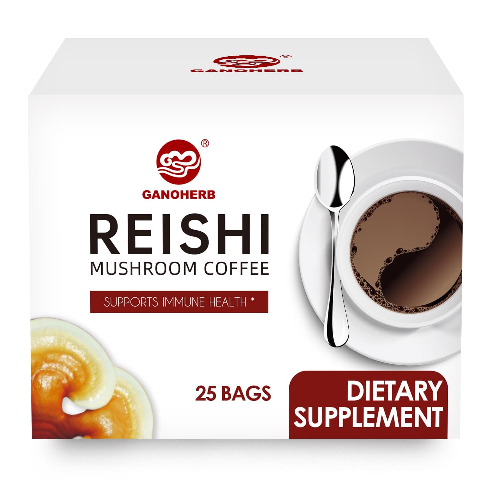 GANOHERB Reishi Mushroom Coffee Mix, Organic Instant Ganoderma Cafe with 100% Natural Ganoderma Lucidum Lingzhi Black Coffee for Stress Relief Better Focus Immune Support, Mix Flavor No Sugar 25 Bag
