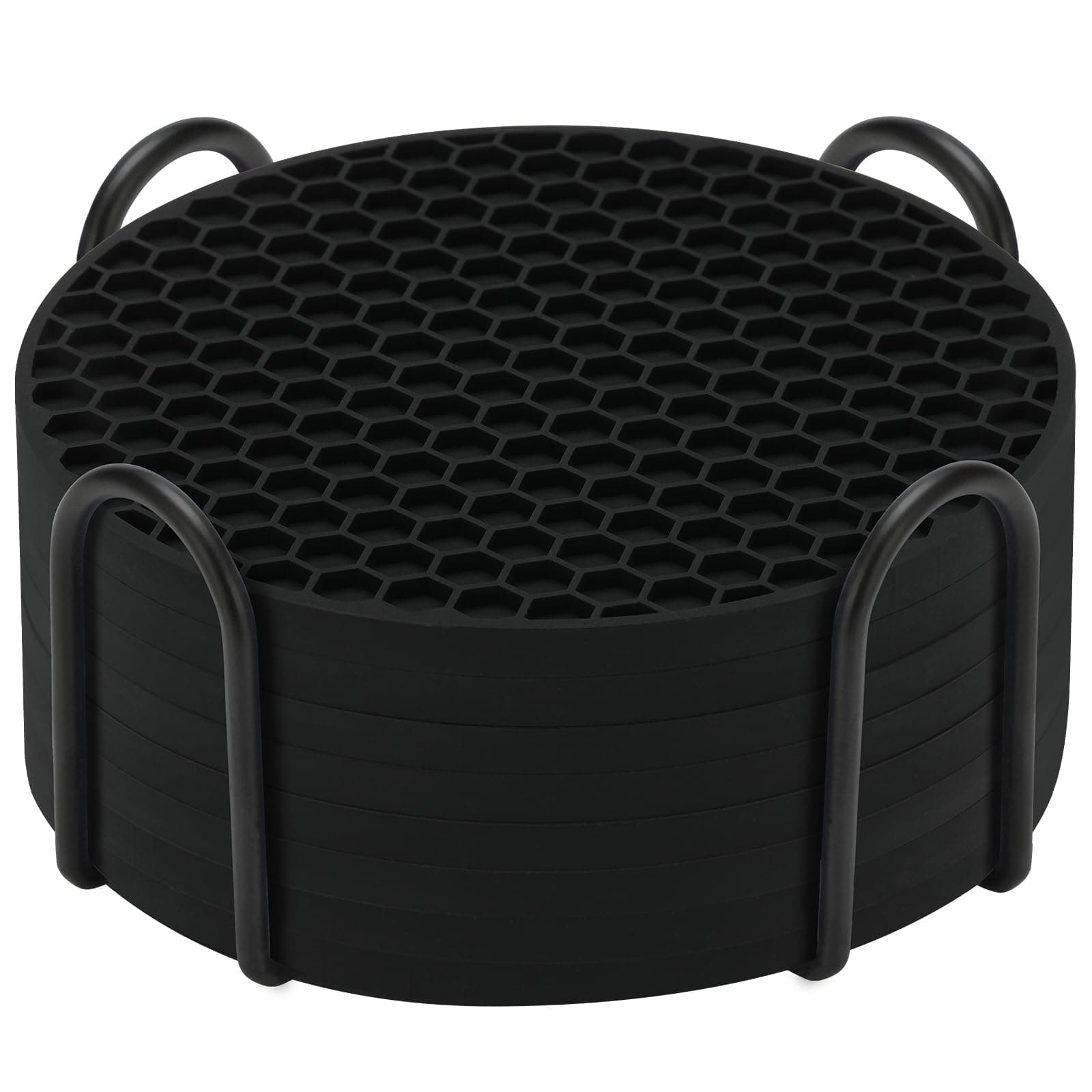 Silicone Coasters Set of 8 with Holder,Coasters for Drinks,Beer,Coffee Coasters,Suitable for Kinds Cups,Hot or Cold,Anti-SLI,Non-Stick,Anti-Overflow Tabletop Protection and Decor (8 Pcs, Black)