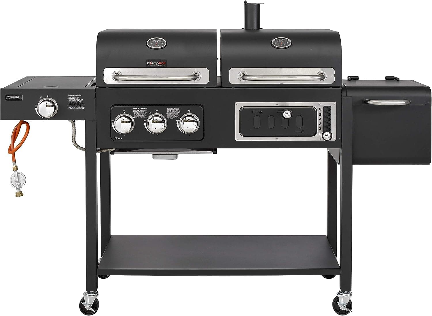 Hybrid 4 Burner Barbecue with Waterproof Cover | DUO Dual Fuel BBQ 3+1 Gas Grill and Charcoal Smoker BBQ Grill, Thermometer, Warming Rack | Outdoor Portable Dual Fuel Large Coal Barbecue