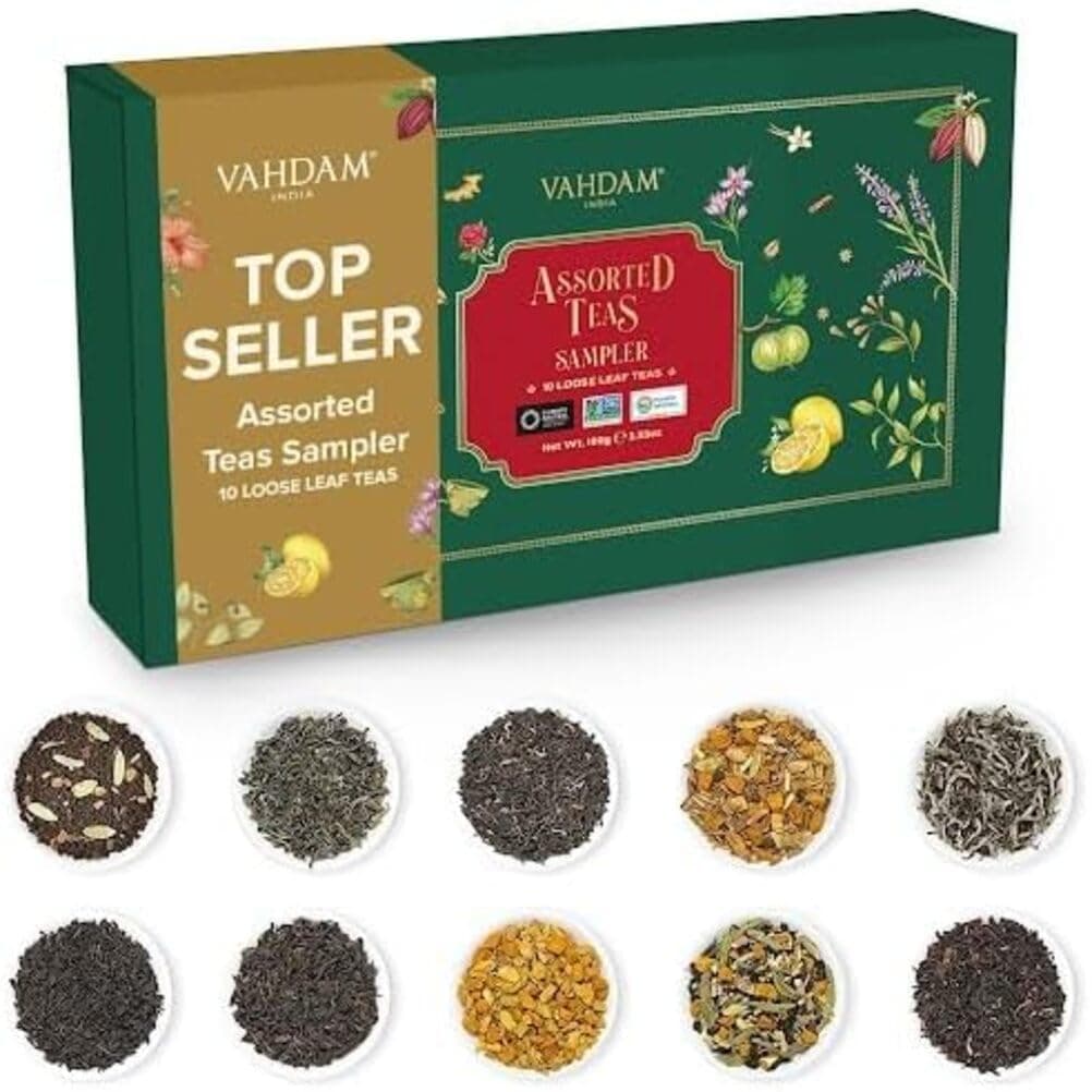 Top 10 Favourites Tea Sampler Set | Loose Leaf Tea (50+ Cups) | Tea Variety Pack with Green, Herbal, Black & Chai Brew | Vacuum Sealed For Freshness | Brew Hot & Cold