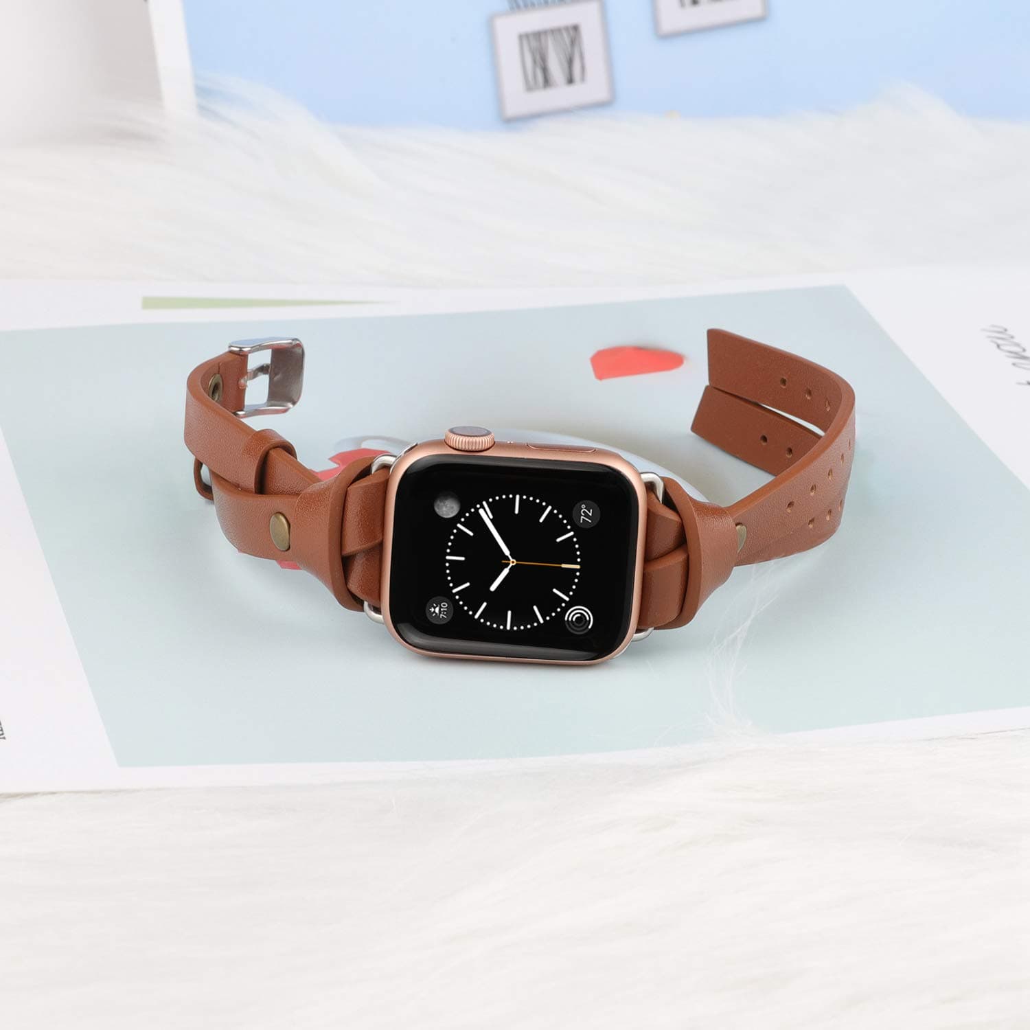 Minyee Leather Band Compatible with Apple Watch Bands 38/40/41/42mm Women, Slim Double Knotted Fasten with Rivet Stylish Dressy Strap for iWatch Series 11 10 9 8 7 6 5 4 SE/Ultra 3 2 1, Light Brown
