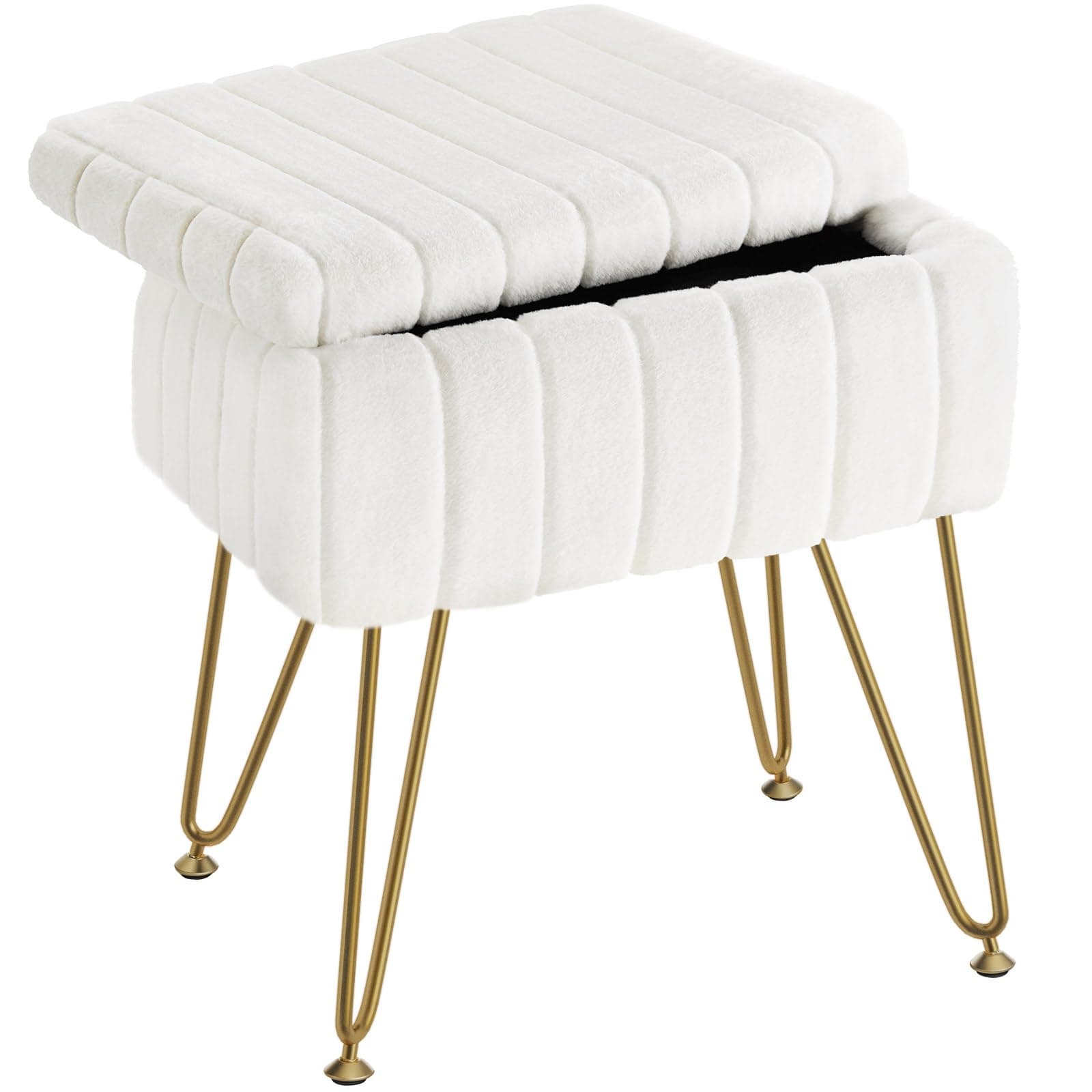 Vanity Stool Chair Faux Fur with Storage, 15.7"L x 11.8"W x 19.4"H Soft Ottoman 4 Metal Legs with Anti-Slip Feet, Furry Padded Seat, Modern Multifunctional Chairs for Makeup, Bedroom White