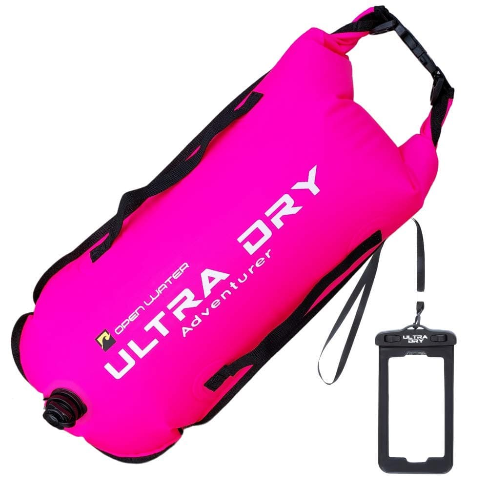 Ultra Dry Adventurer Swim Buoy Tow Float Highly Visible Swimming Float bag with Adjustable Waist Belt, carry strap, waterproof phone case for Open Water, Water Sports, Swimming 28l Pink