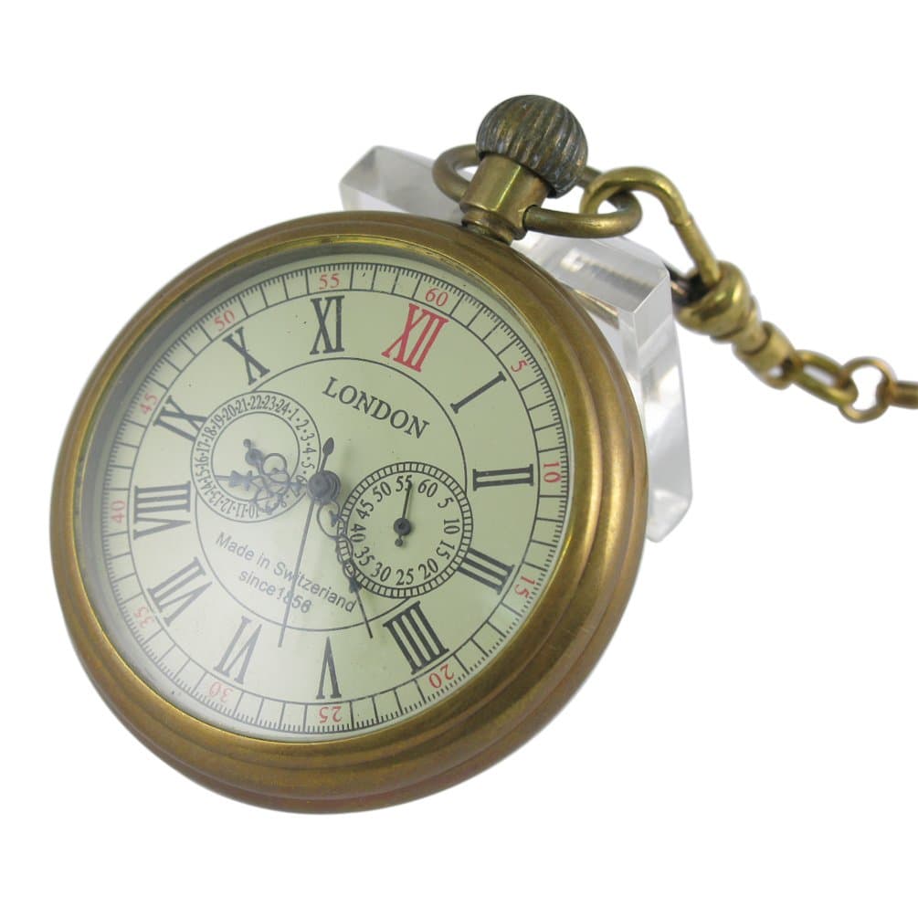 Men's Vintage Full Copper Hand-wind Mechanical Second&24hours Sub-dials Pocket Watch in box
