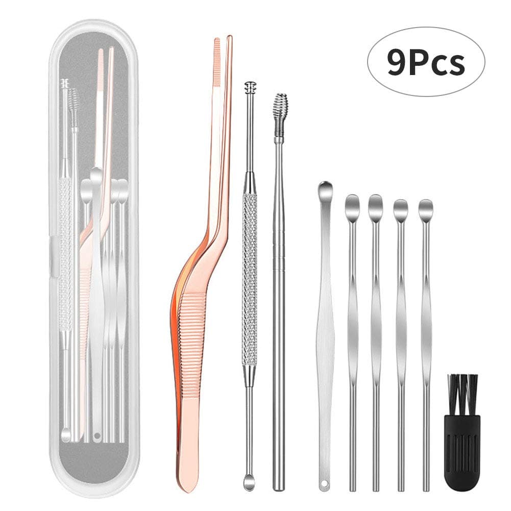 Earwax Remover Tool,9 Pcs Ear Cleaning Set with Safe and Soft Double-Ended Spiral Ear Wax Cleaner + Remover Tools Kits + Cuticle Pusher Remover Kit + Storage Box for Ear Cleaning