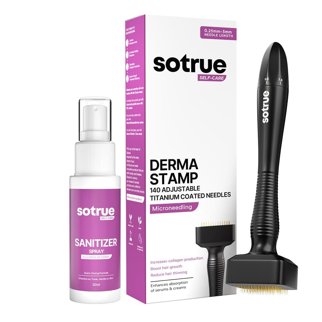 Sotrue Derma Stamp with Sanitizer for Hair Growth | Titanium Coated Adjustable Needles 0.25mm to 3mm | 140 Microneedling Stamp for Skin Repair, Face, Hair & Beard Growth | Reduces Acne Scars | Safe & Effective To Use