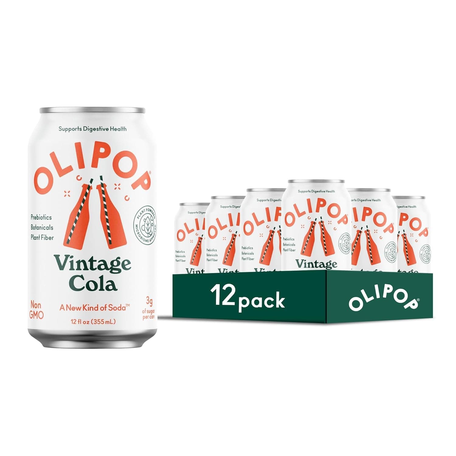 Prebiotic Soda Pop, Vintage Cola, A New Kind of Soda Packed with Prebiotics, Fiber, and Botanicals, Gluten Free, Vegan, GMO Free, 12oz (12-Cans)