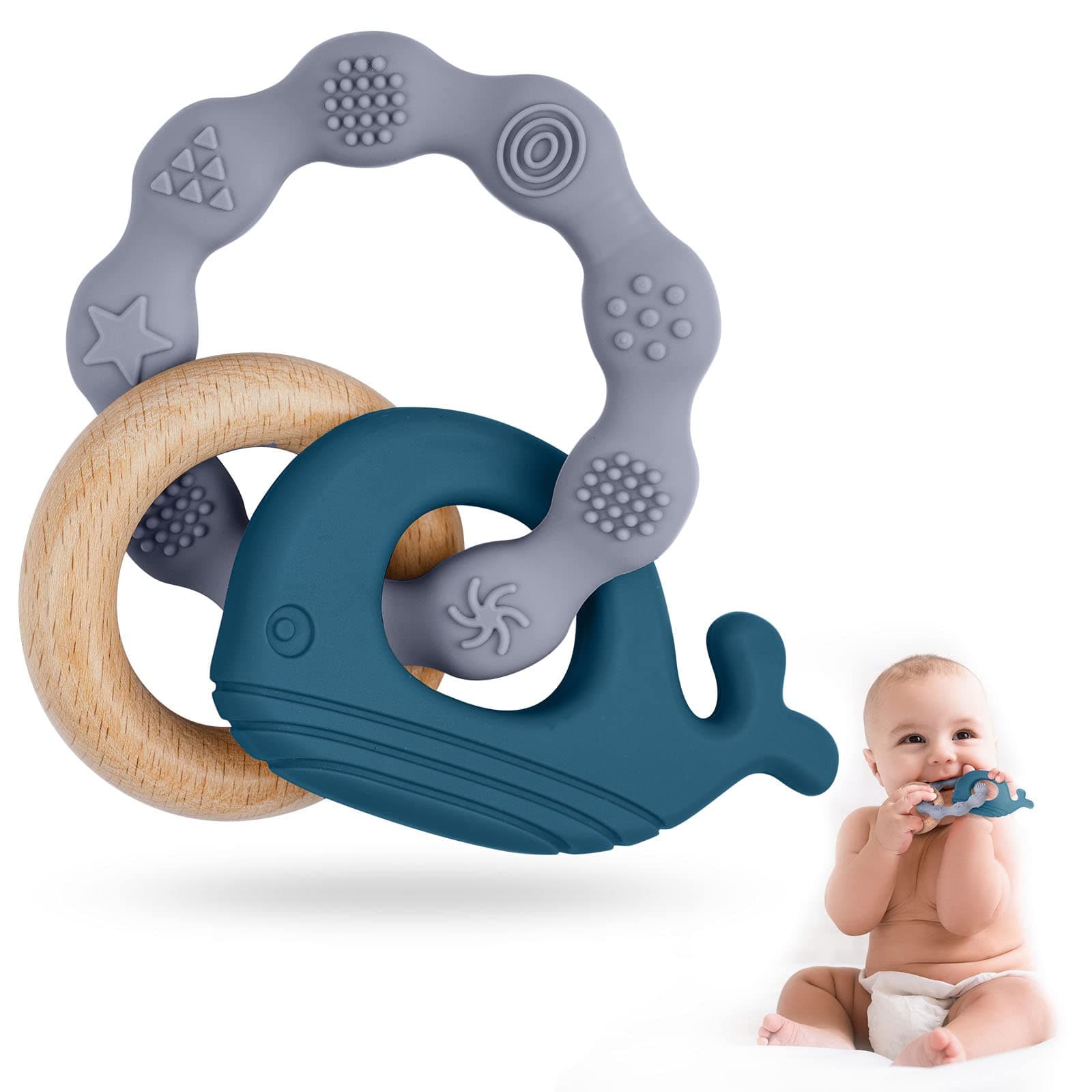 Vicloon Baby Teether Toys, Silicone & Natural Wood Teether Ring, Baby Teething Toys for Babies 3 Months+, Silicone Chewable Rings for Newborn Gift(Blue)