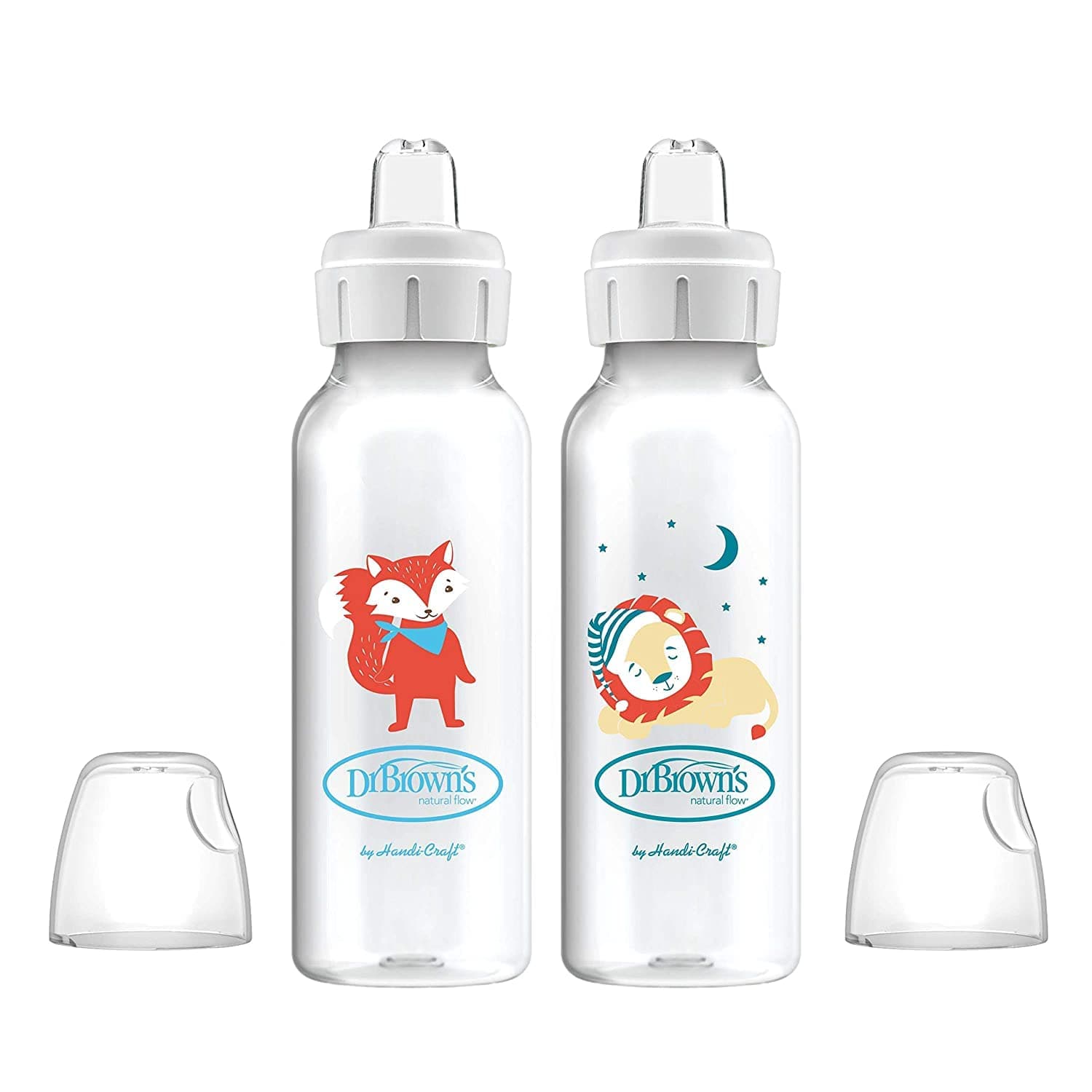 Dr. Brown's Milestones Narrow Sippy Bottle, 100% Silicone Soft Sippy Spout, 8oz/250mL, 6m+, Fox & Lion, 2 Pack