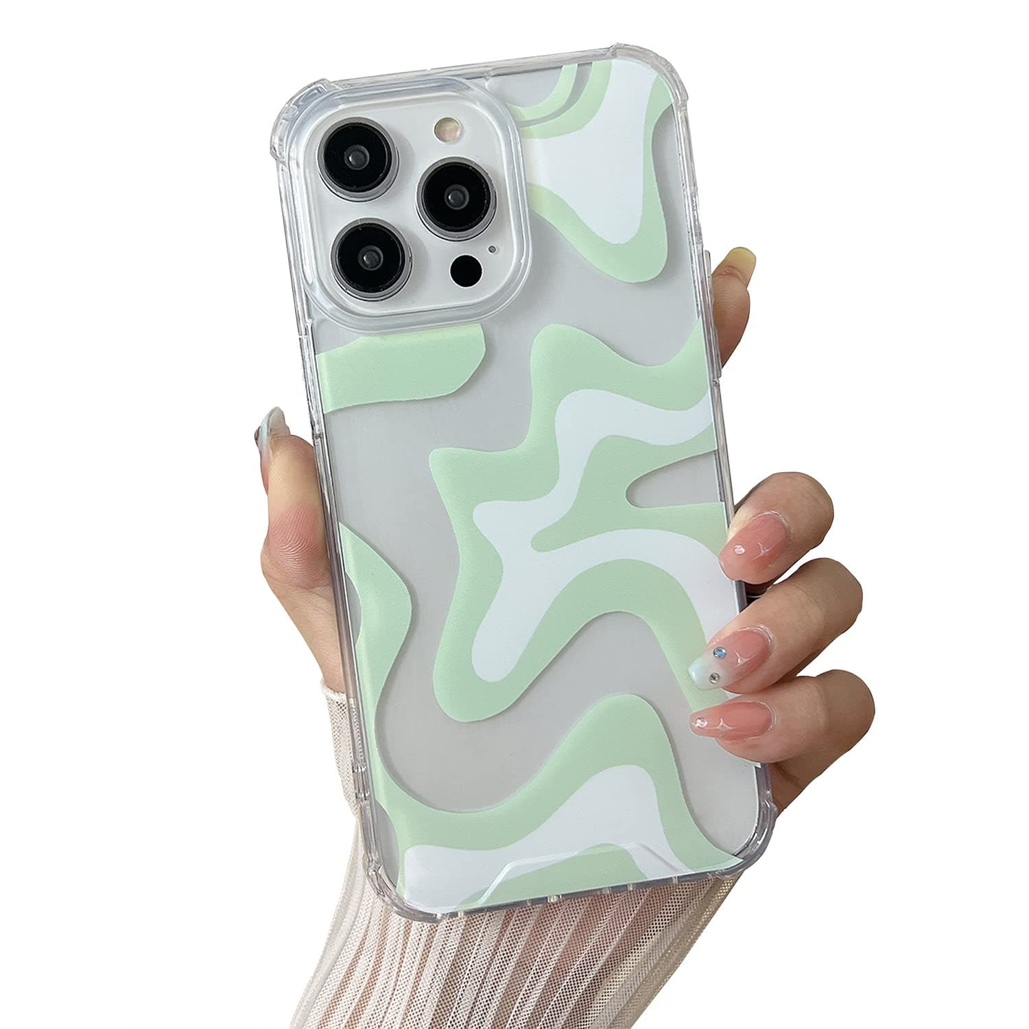 Compatible with iPhone 14/13 Phone Case, Cute Art Wavy Painted for Women Girls, Soft TPU Edge PC Back Protective Shockproof Compatible with Phone Case, Green