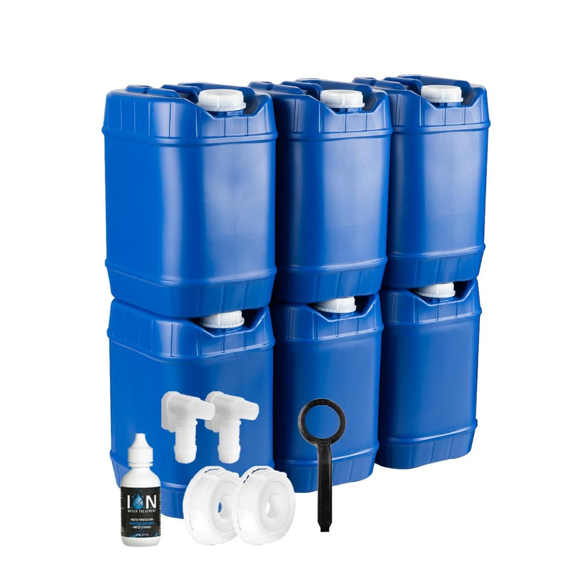 Stackable Water Containers with Lids, 5-Gallon Each, Emergency Kit Including Spigots, Wrench, and Water Preserver, 30 Gallons Total