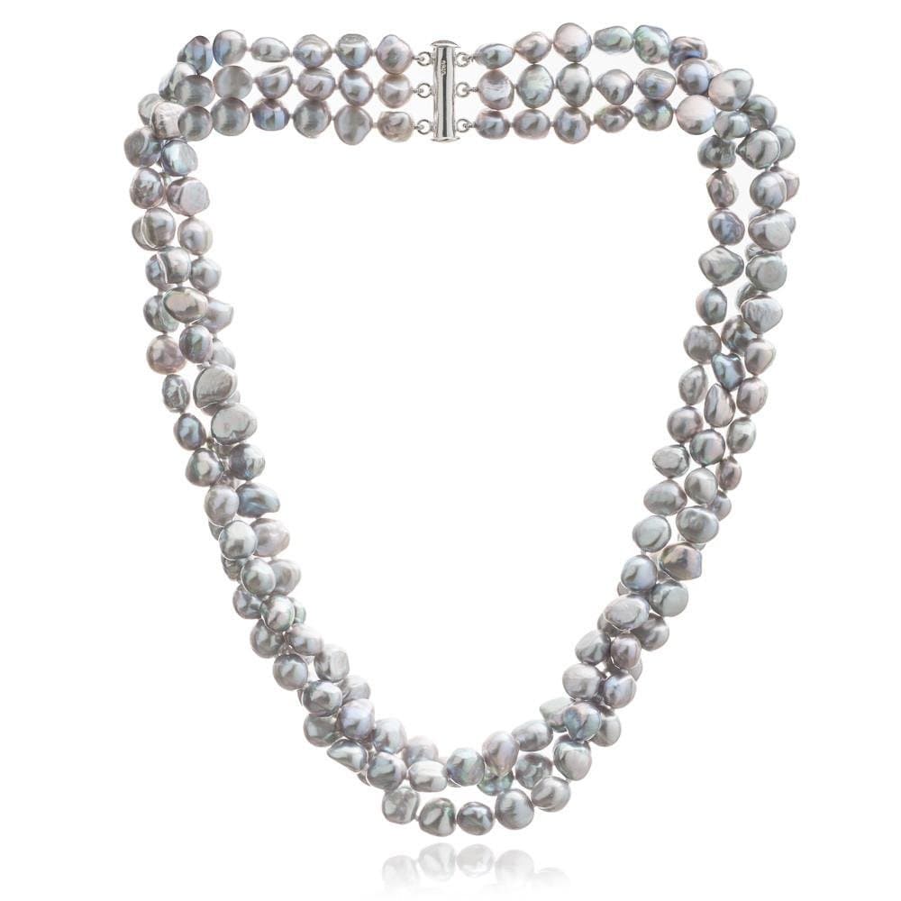 Triple strand grey irregular cultured freshwater pearl necklace