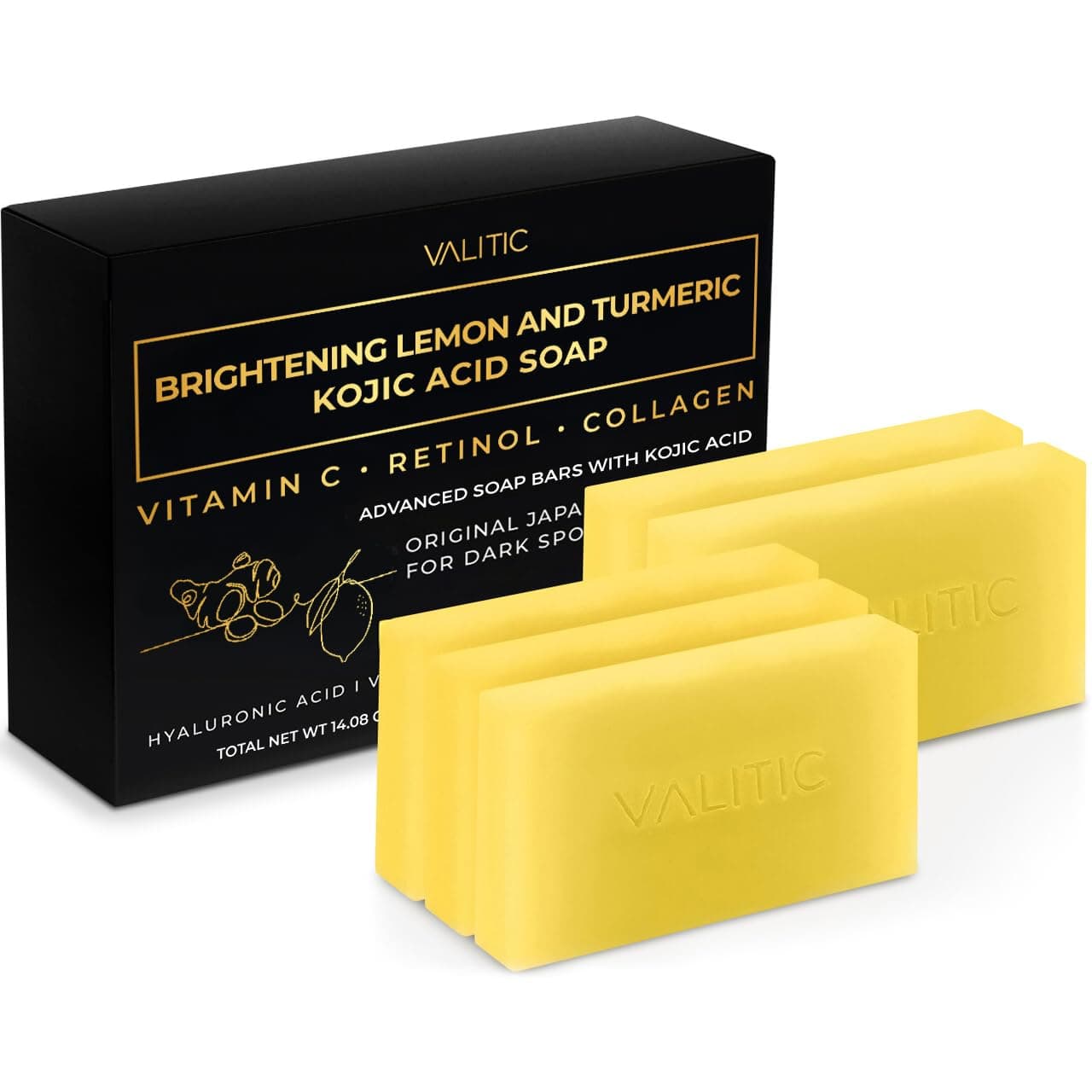 Brightening Lemon & Turmeric Kojic Acid Soap with Vitamin C, Retinol, Collagen - Original Japanese Complex Infused with Hyaluronic Acid, Vitamin E, Shea Butter, Castile Olive Oil (5 Pack)