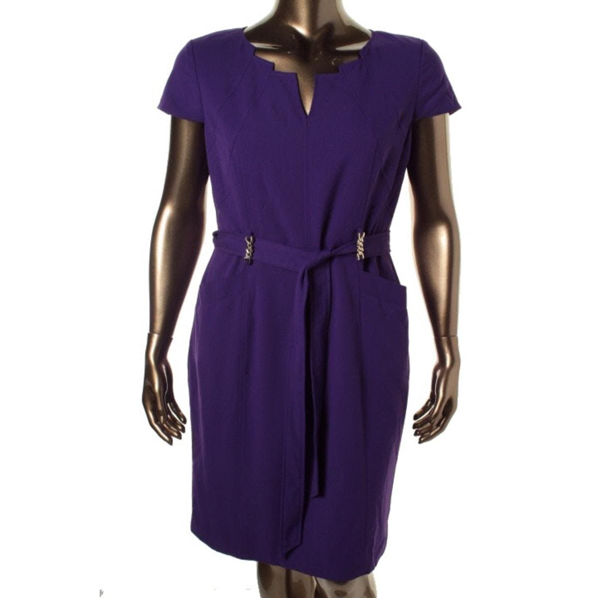 Ellen Tracy Women's Cap-Sleeve V-Neck Belted Sheath Dress