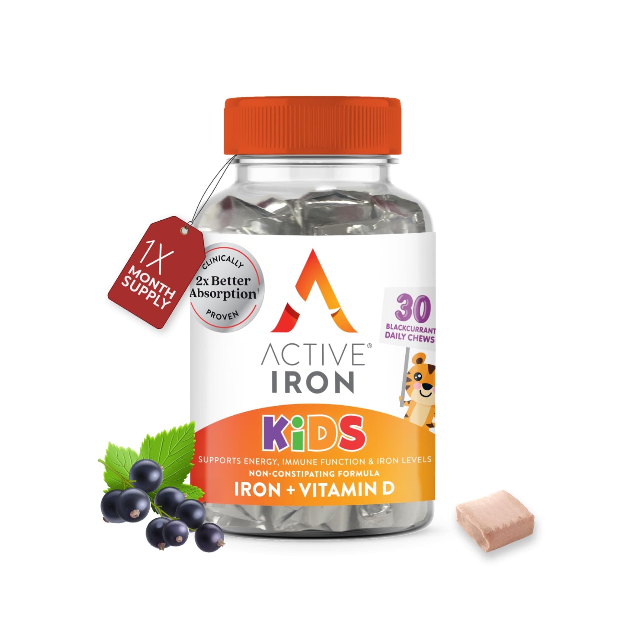 Active Iron Supplement 7 mg + Vitamin D for Kids – Increases Iron & Energy Levels – Gentle, Non-Constipating Blackcurrant Chews – Highly Absorbed – Supports Growth & Immune Health – 30 Chews