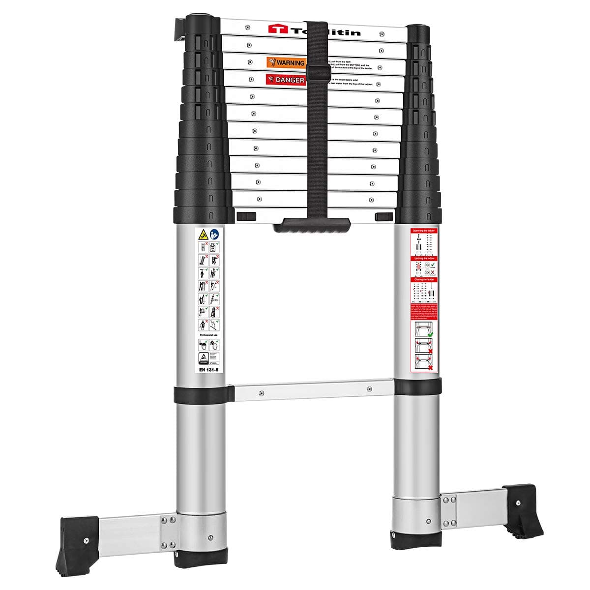 TOOLITIN 12.5 FT Pro Telescoping Ladder, One Button Retraction Aluminum Telescopic Extension Ladder,Slow Down Design Extendable Ladders Portable for Household Daily or RV Work,330 Pound Capacity