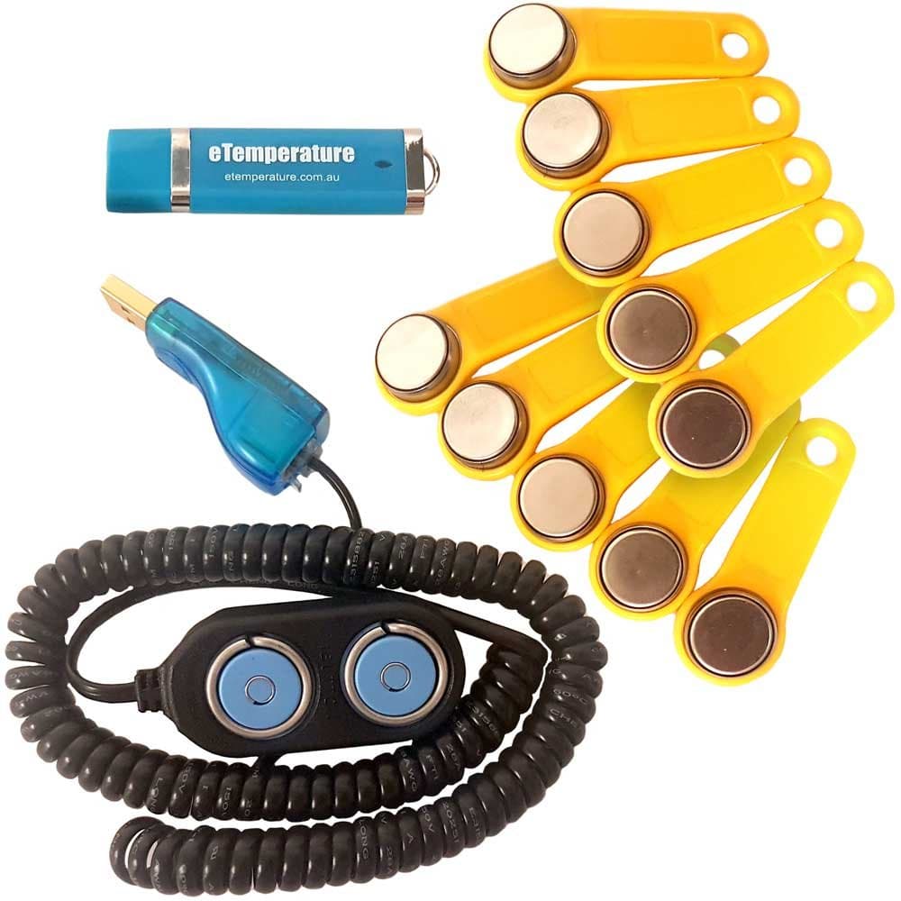10-Pack Thermochron DS1921G Temperature Loggers with Fobs (Holders), iButton Reader with USB Connection, and eTemperature Software on USB