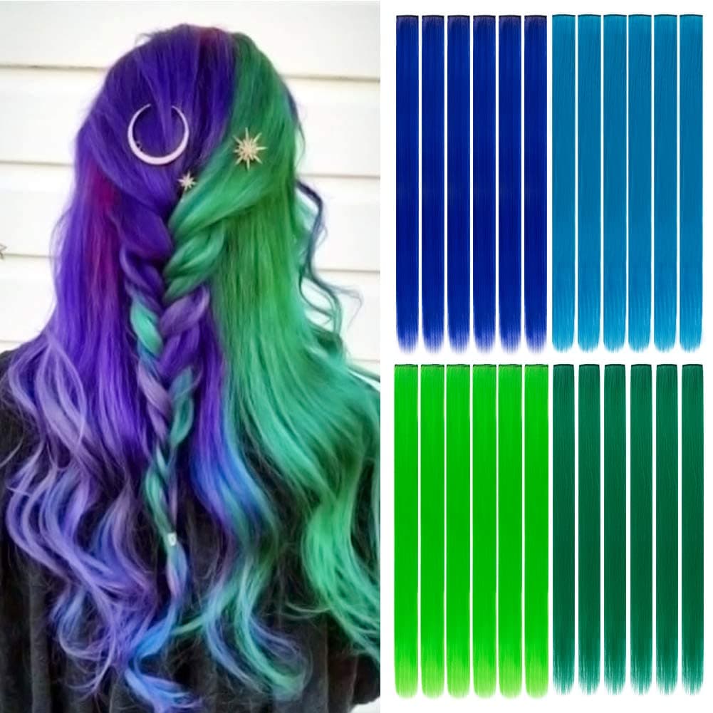 24 Packs Colored Hair Extensions 20Inch Straight Multi-Colors Party Highlights Clip In Hair Extension Synthetic Rainbow Hairpieces for Girls Gift(Blue, Dark Blue, Green, Grass Green)