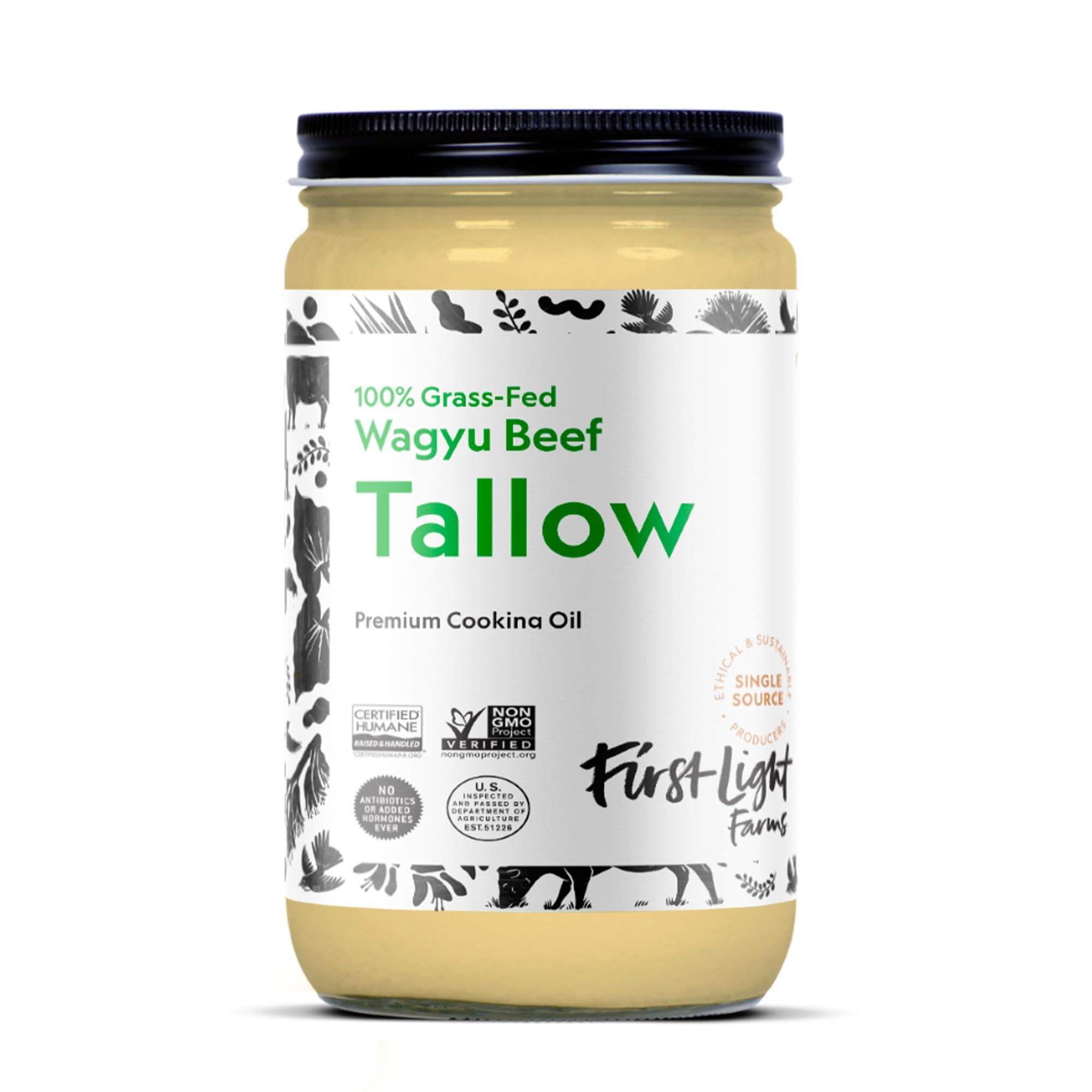 First Light Farms Wagyu Beef Tallow | 100% Grass-Fed & Finished, 14oz Glass Jar | Healthy Cooking Oil, Gluten-Free & Dairy-Free, Perfect for Keto, Whole30, and Carvinore Diet