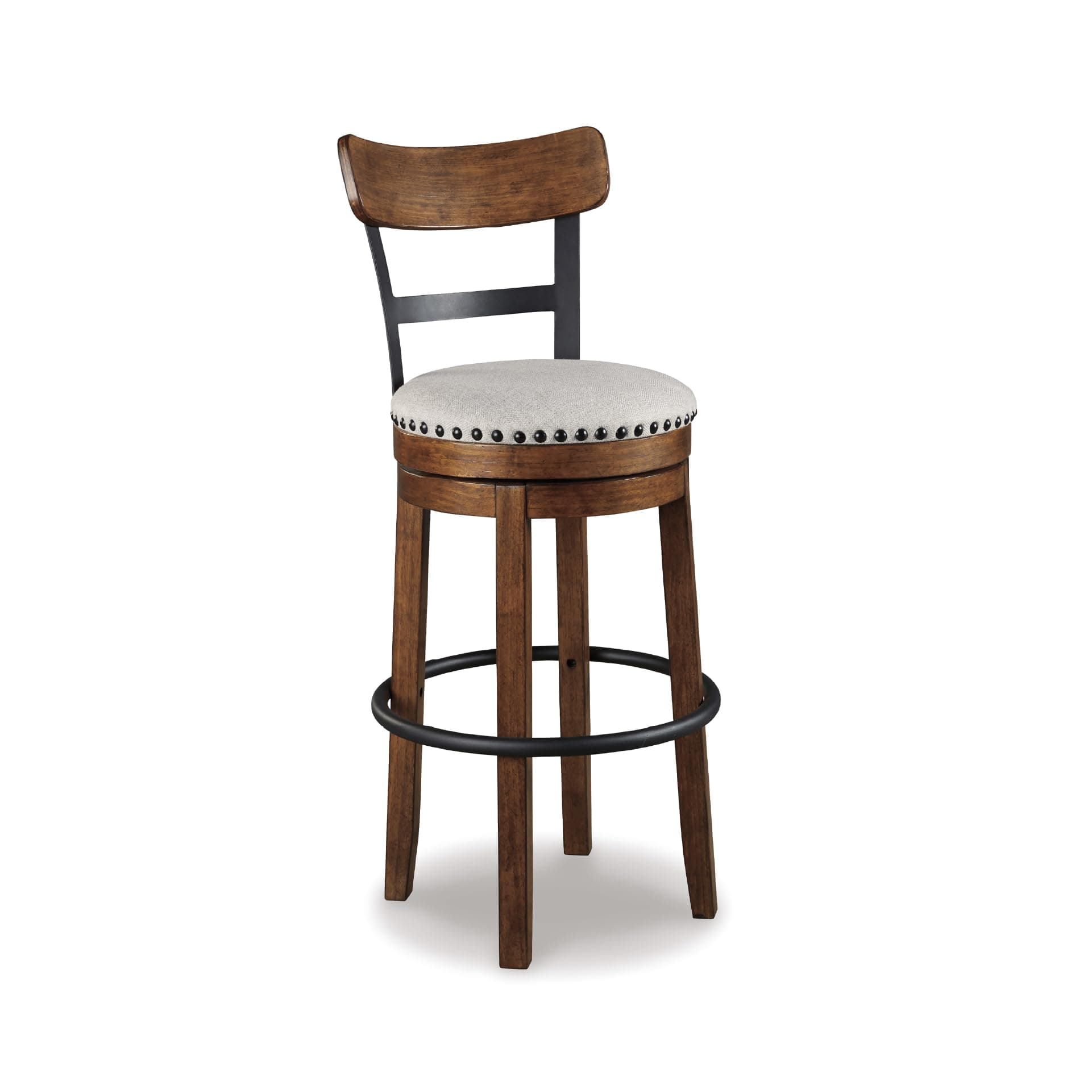 Signature Design by Ashley Valebeck | 30″ Farmhouse Pub-Height Swivel Barstool With Back – Upholstered Cushion, Nailhead Trim, Metal & Wood Frame, Brown