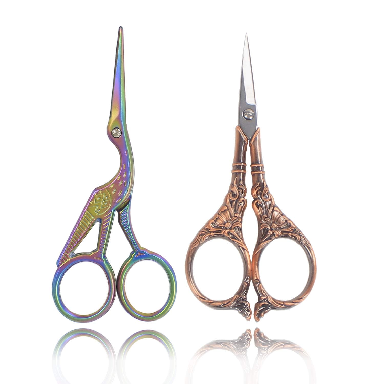 BIHRTC 2 Pairs Scissors Vintage European Style Flower Pattern Scissors Stainless Steel Sharp Tip Stork Scissors Needlework Embroidery Scissors Tailor Craft Sewing Scissors (4.5"Copper+4.5"Colourful)