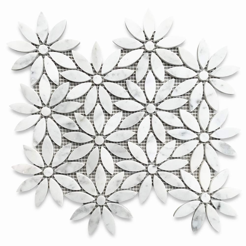 Stone Center Online Carrara White Marble Daisy Field Flower Waterjet Mosaic Tile Honed Kitchen Bath Wall Floor Backsplash Shower (1 Sheet)