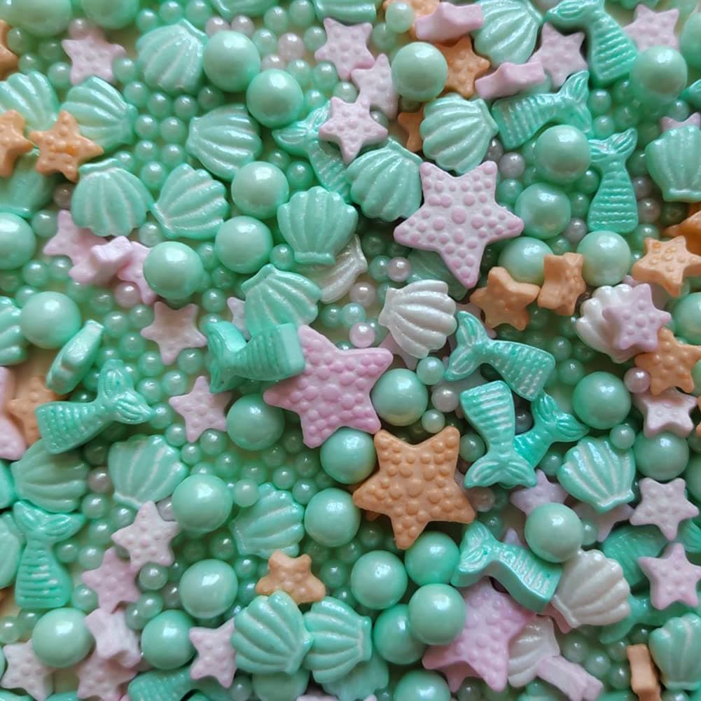 Homankit Mermaid Sprinkle Sweets Sprinkles for Baking Dessert Cupcake Cake Topper Starfish Shell Pearl Mermaid Candy Mix 3.53 Ounces Green