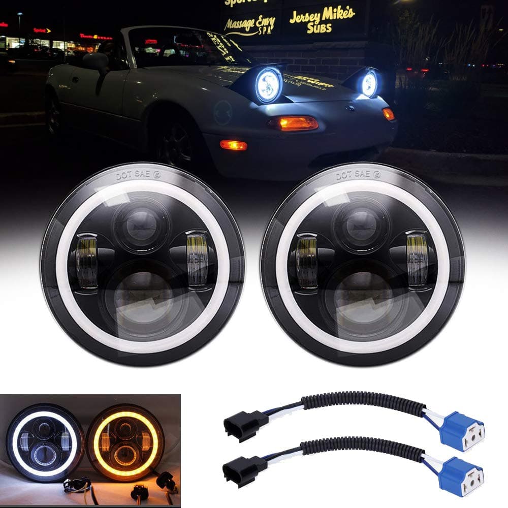 Compatible With Mazda Miata MX5 MX-5 1990-1997 H6024 Pair Headlight Lights Halo Angel Eye White DRL Amber Turn Light with High Low Beam