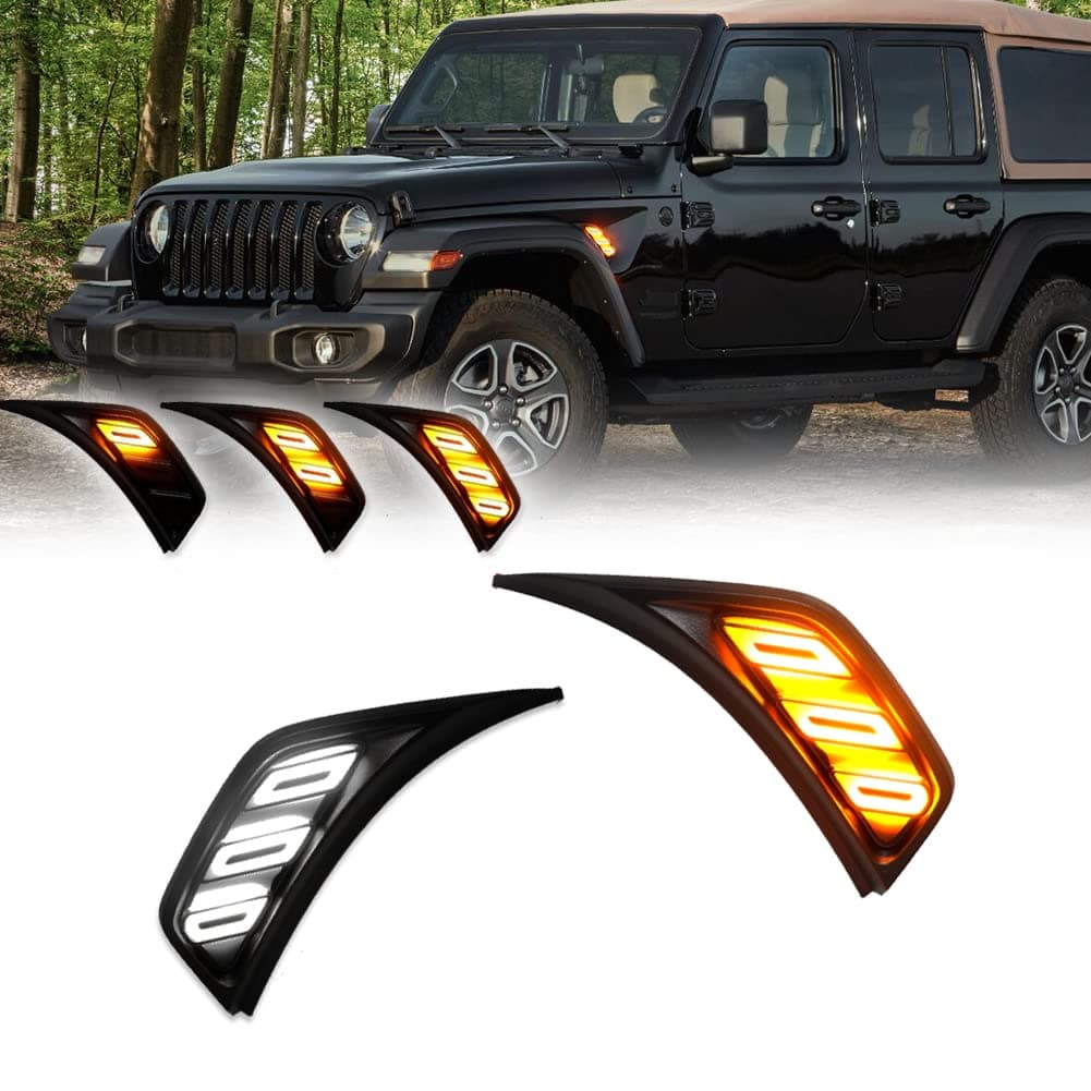 for 2018 2019 2020 2021 2022 Jeep Wrangler JL JLU Gladiator JT LED Sequential Side Marker Light Front Fender Vent Light Switchback White & Amber DRL Turn Signal Lamp