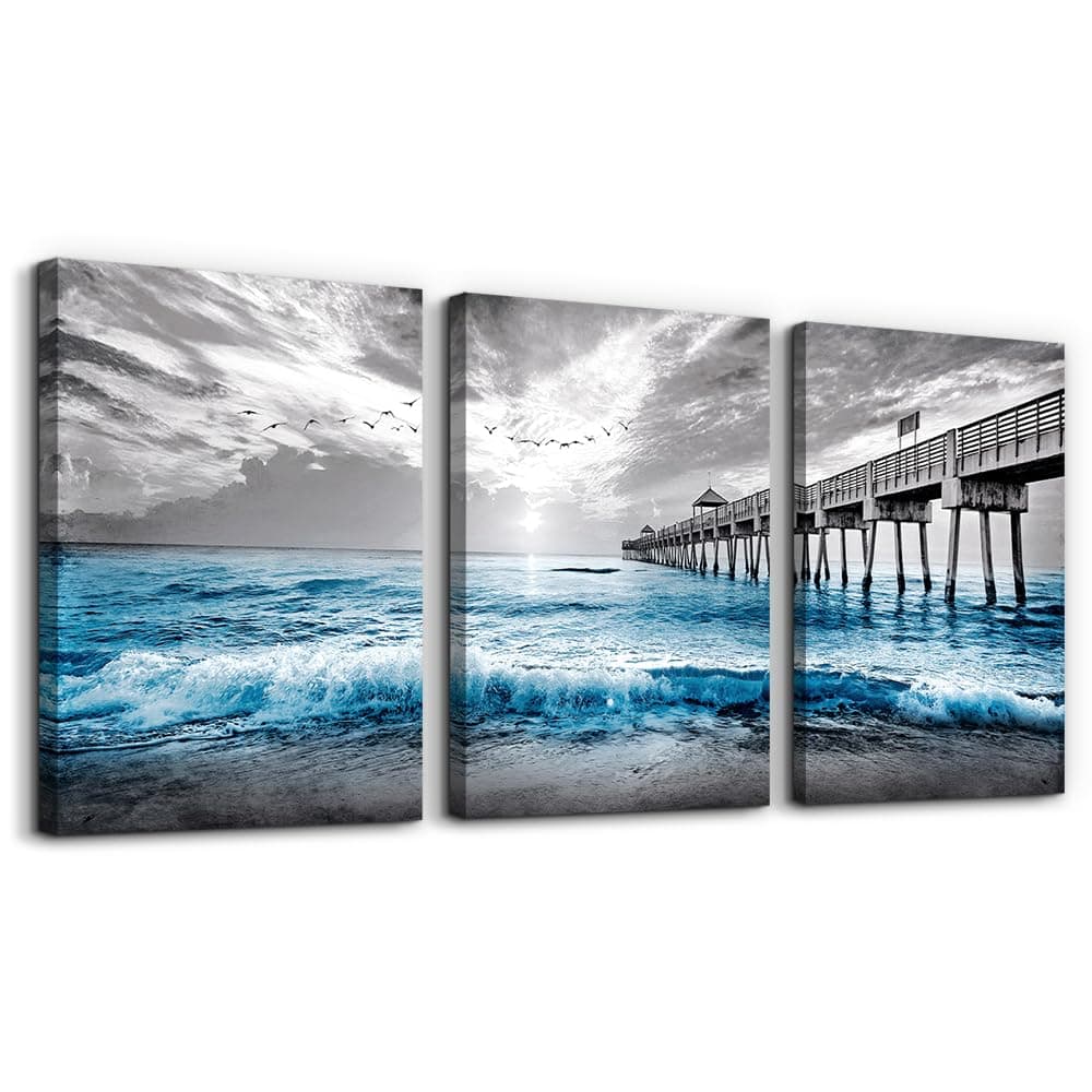 Wall Decorations For Living Room Large size Framed Canvas Wall Art For Bedroom Office Wall Decor Black And White Wall Painting Blue Ocean Sea Wave Pictures Artwork For Modern Posters Prints Home Decor