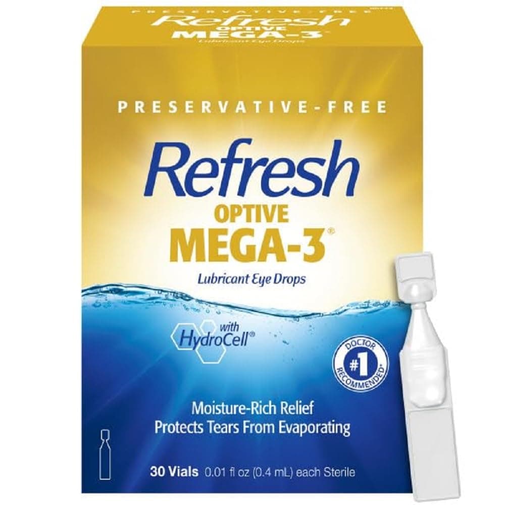 Refresh Optive MEGA-3 Lubricant Eye Drops, 30 Single-Use Containers, 0.01 fl oz (0.4mL) each Sterile