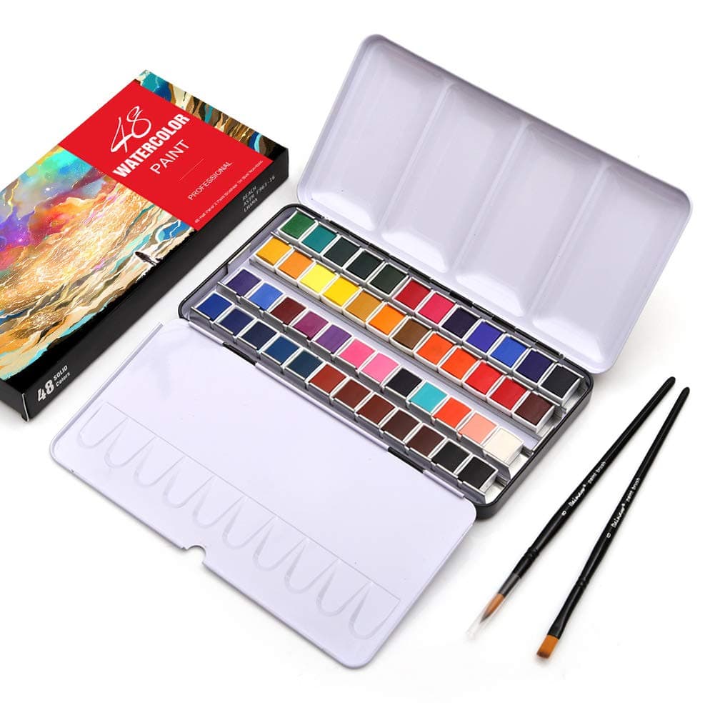 dainayw Watercolor Paint Set, 48 Vivid Colors in Half Pans (in Tin Box) with Paint Brush and Watercolor Paper for Artists, Art Painting, Students, Kids, Beginners & More