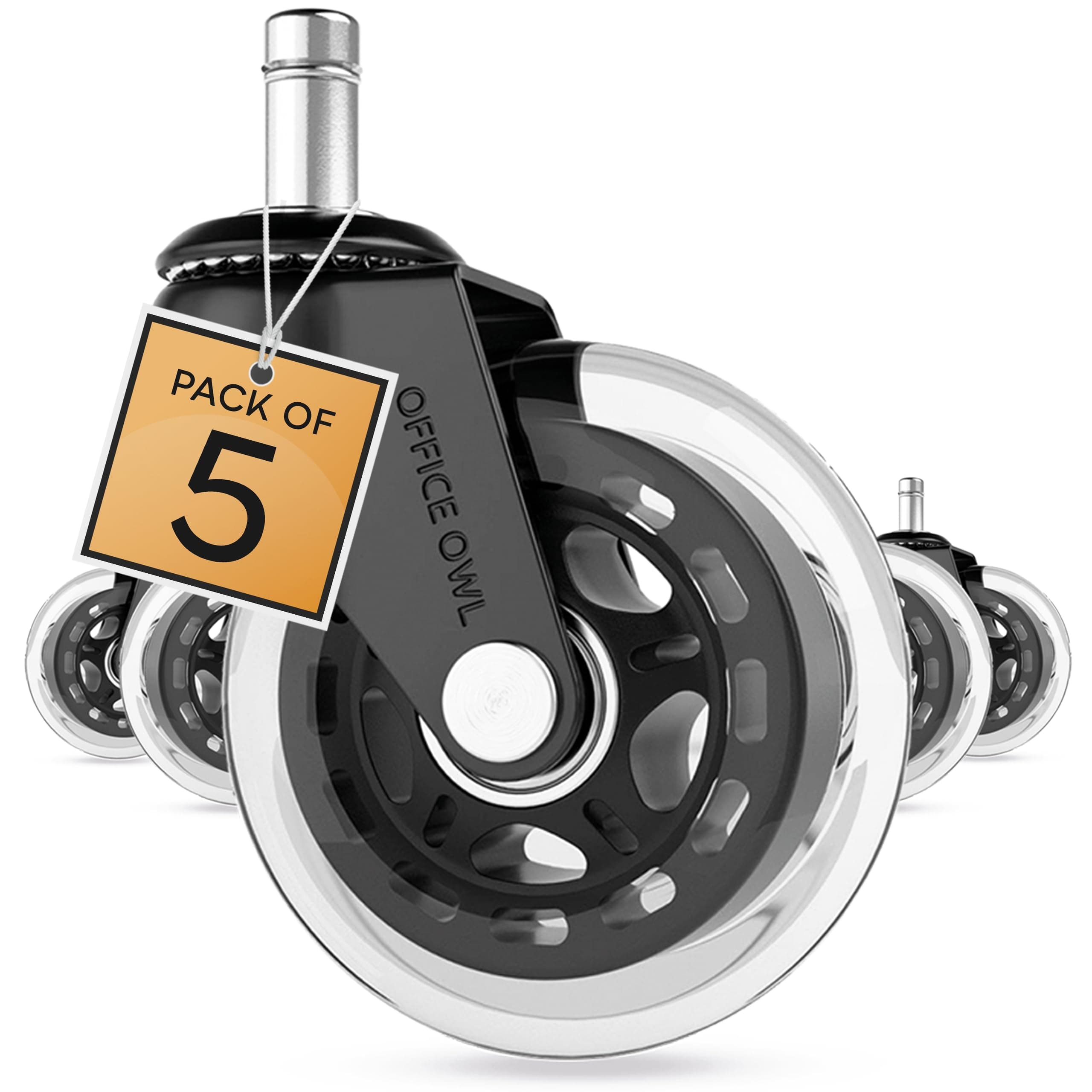 Rollerblade Office Chair Wheels, Set of 5 Replacement Casters for Desk and Gaming Chairs, Safe for Hardwood Floors, Tile, Laminate & Carpet, Support Up to 650 LBS, Easy Install, Universal Fit, Clear