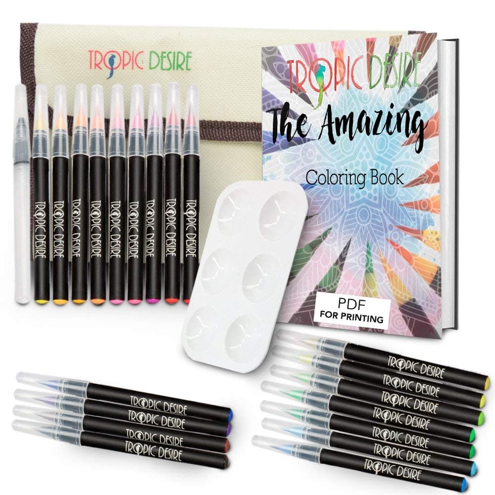 Watercolor Brush Pen Set – Vivid Watercolors for Professionals, Beginners, Adults, and Kids – 20 Watercolor Art Markers and Water Pen + BONUS Roll Up Wrap Case & Coloring Ebook by Tropic Desire