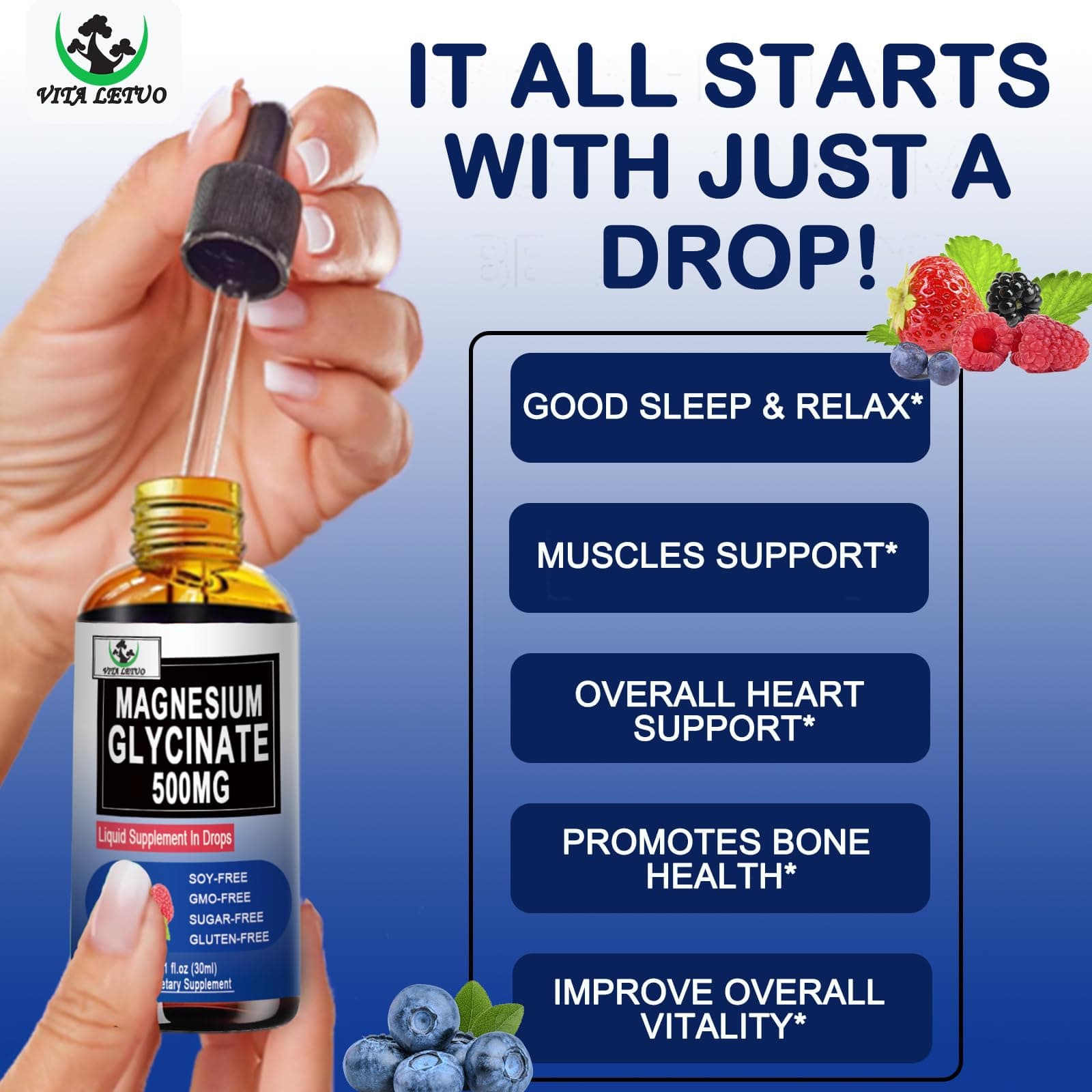 Pure Magnesium Glycinate | Liquid Magnesium Supplement 500mg for Sleep, Nerve, Bone and Heart Health | Vegan Glycinate Mag Liquid Drops 6X High Absorption | Non-GMO, Gluten-Free | 30 Servings