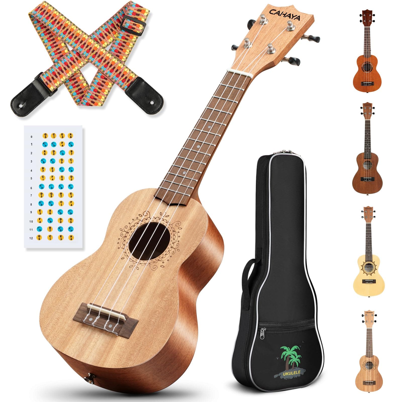 - CAHAYA 21 Inch Ukulele Mahogany Beginner Kit Soprano Ukelele with Gig Bag Rainbow Strap Fretboard Stickers for Both Adults and Kids Professional Hawaiian Ukalalee Gifts CY0068