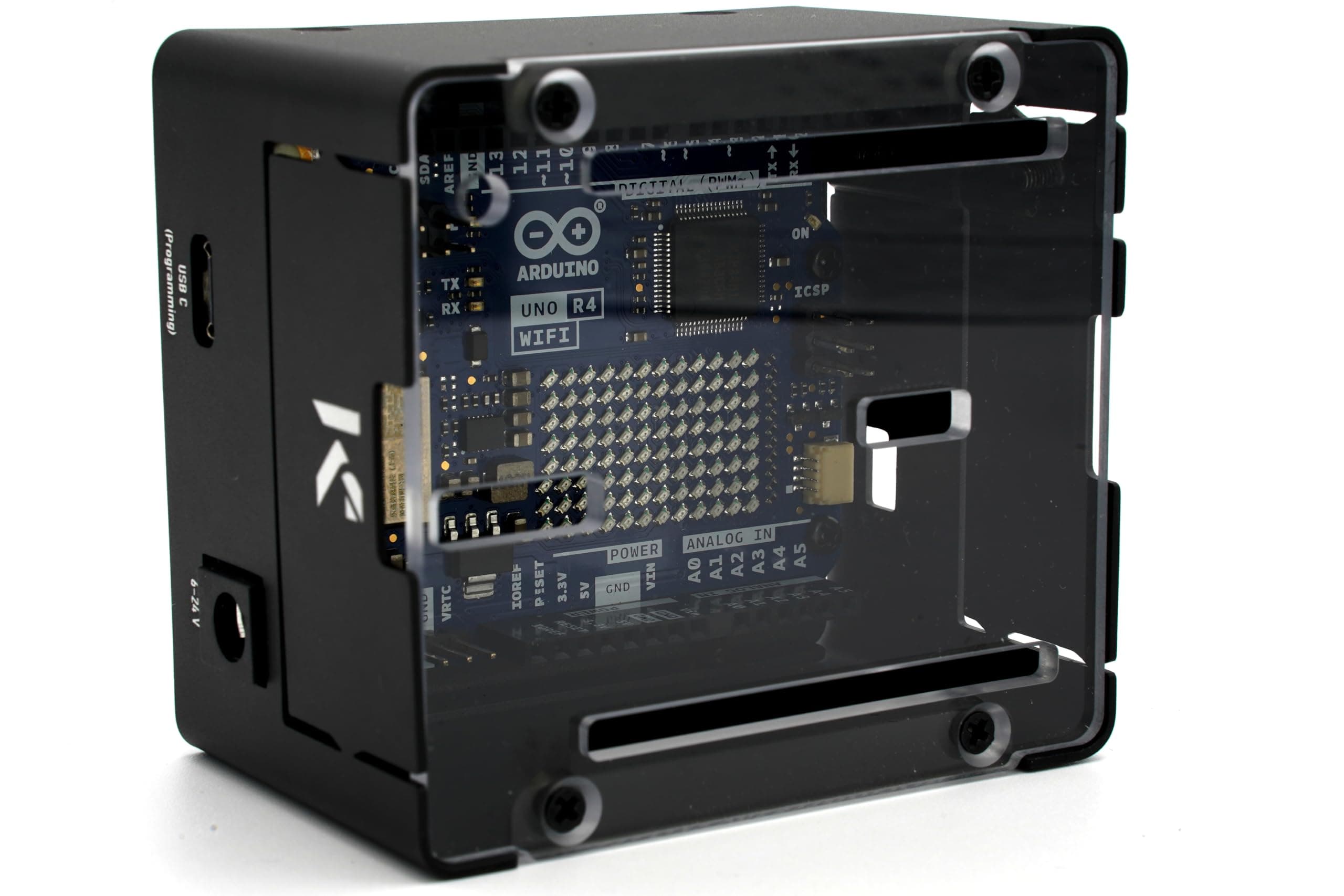 KKSB Project Case for Arduino UNO R4 | Compatible with UNO R4 Minima and UNO R4 WiFi | Space for Ethernet HAT | Transparent Cover | Durable Aluminum Case with Steel Base