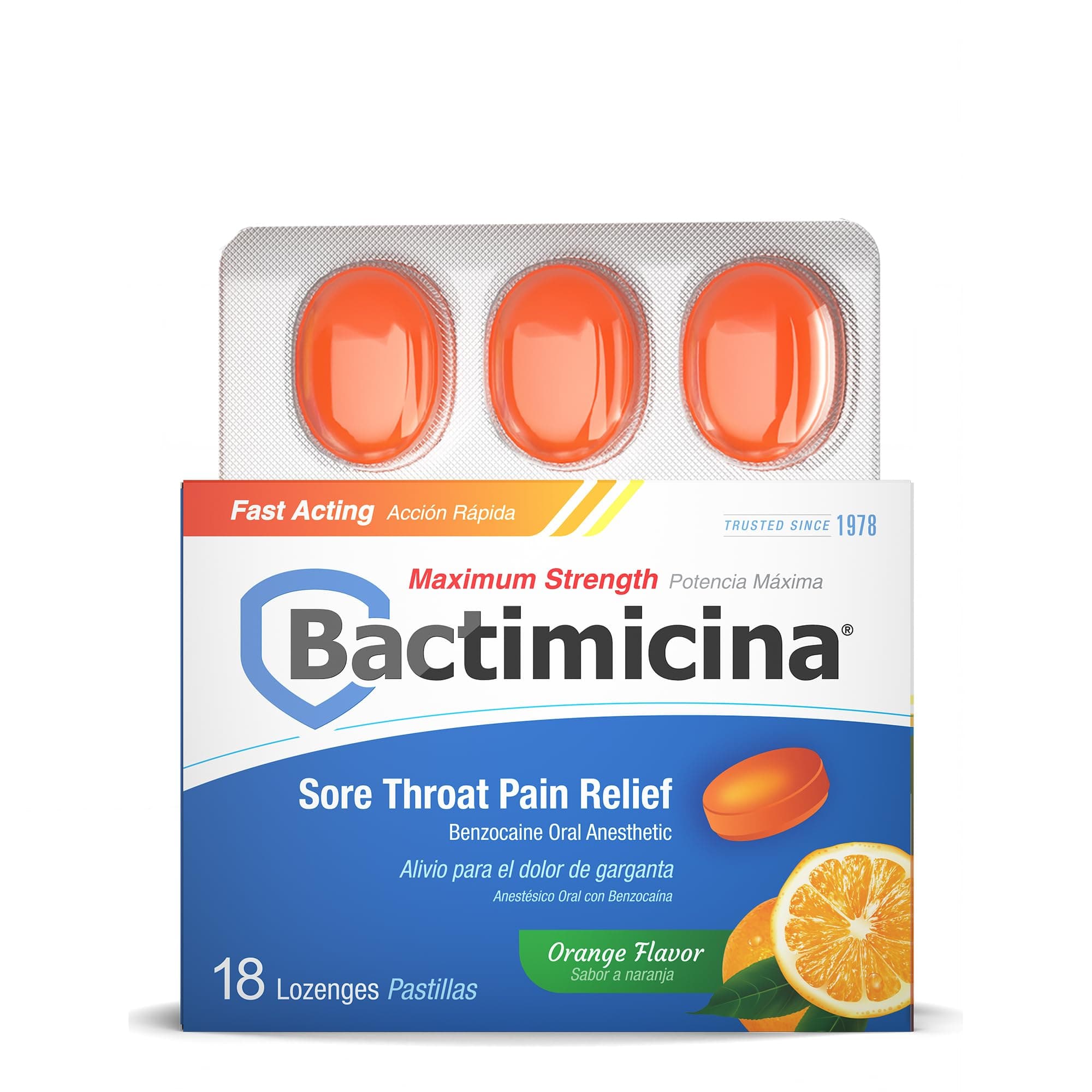Bactimicina Sore Throat Lozenges Maximum Strength, Orange Flavor, Oral Analgesic with Benzocaine for Fast Action Relief, 18 Count