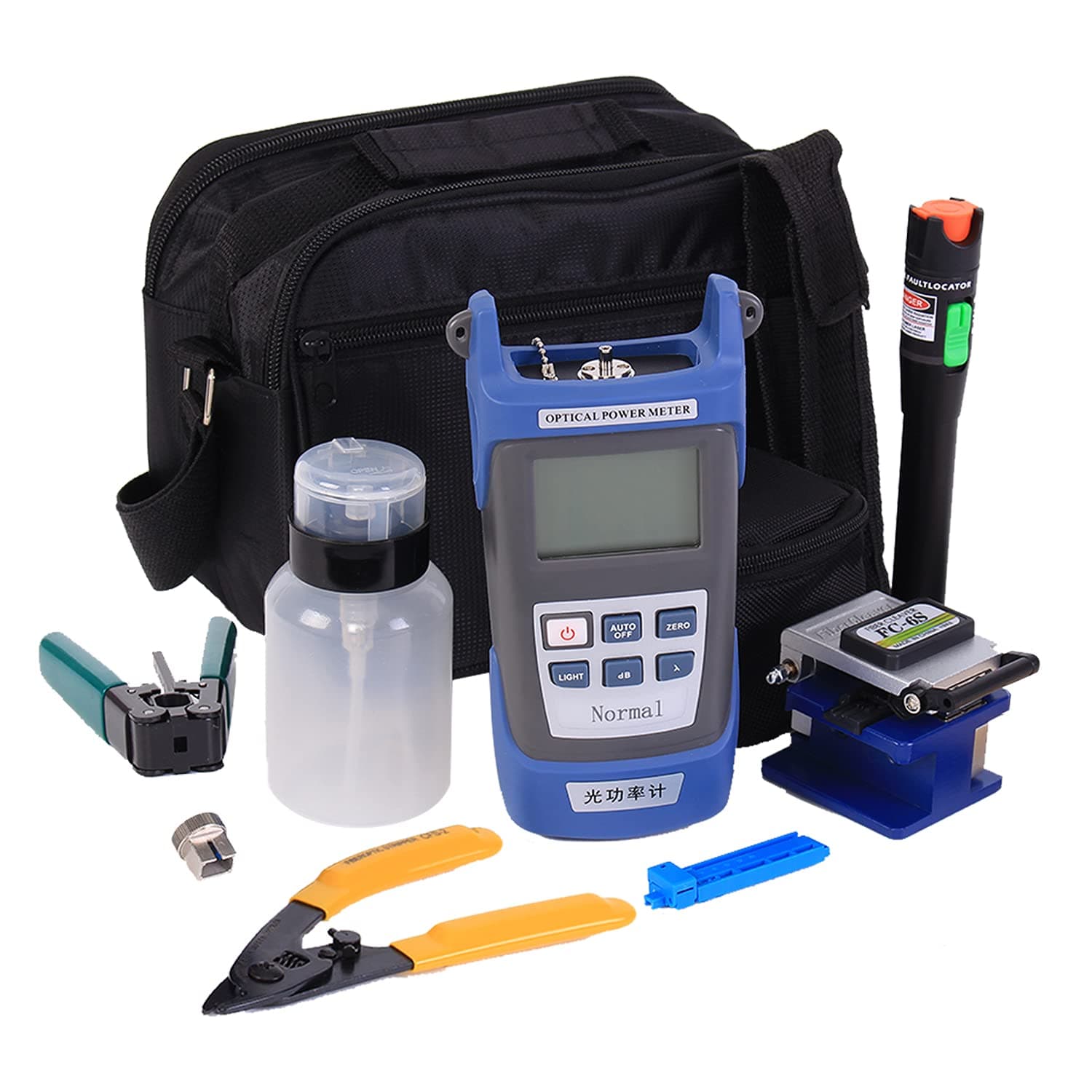 Fiber Optic Termination Tool Kit - 9 in 1 Assembly FTTH tool kit with FC-6S Cleaver Optical Power Meter Finder - 30km Visual Fault Locator Optical Pliers Cable Cutter Stripper