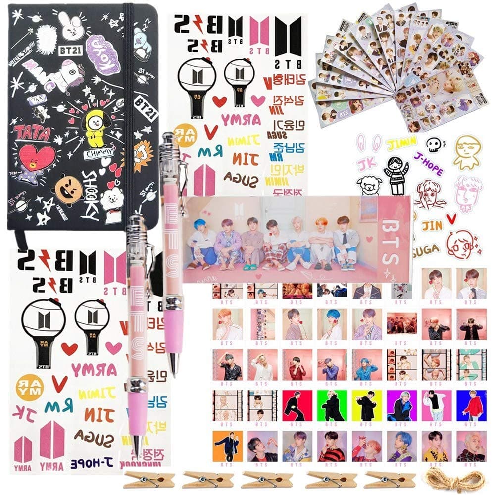 Bangtan Gifts Set for Army- 1Pcs Cartoon PU Notebook | 54Pcs Lomo Card | 2Pcs Pen |12 Sheet of Stickers