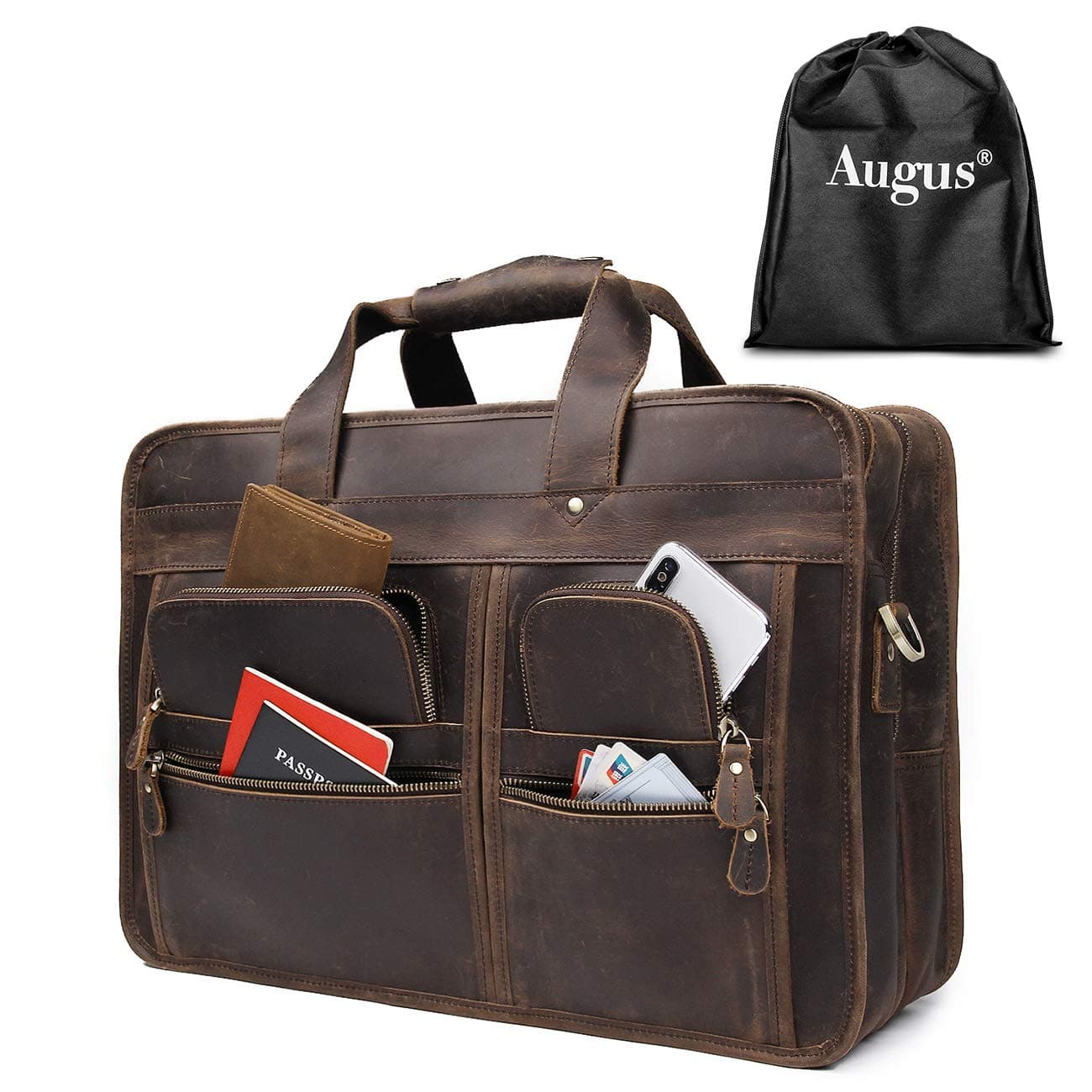 Augus 17 inch Full Grain Leather Laptop Briefcases for Men Business Travel Messenger Bag with YKK Metal Zipper Brown
