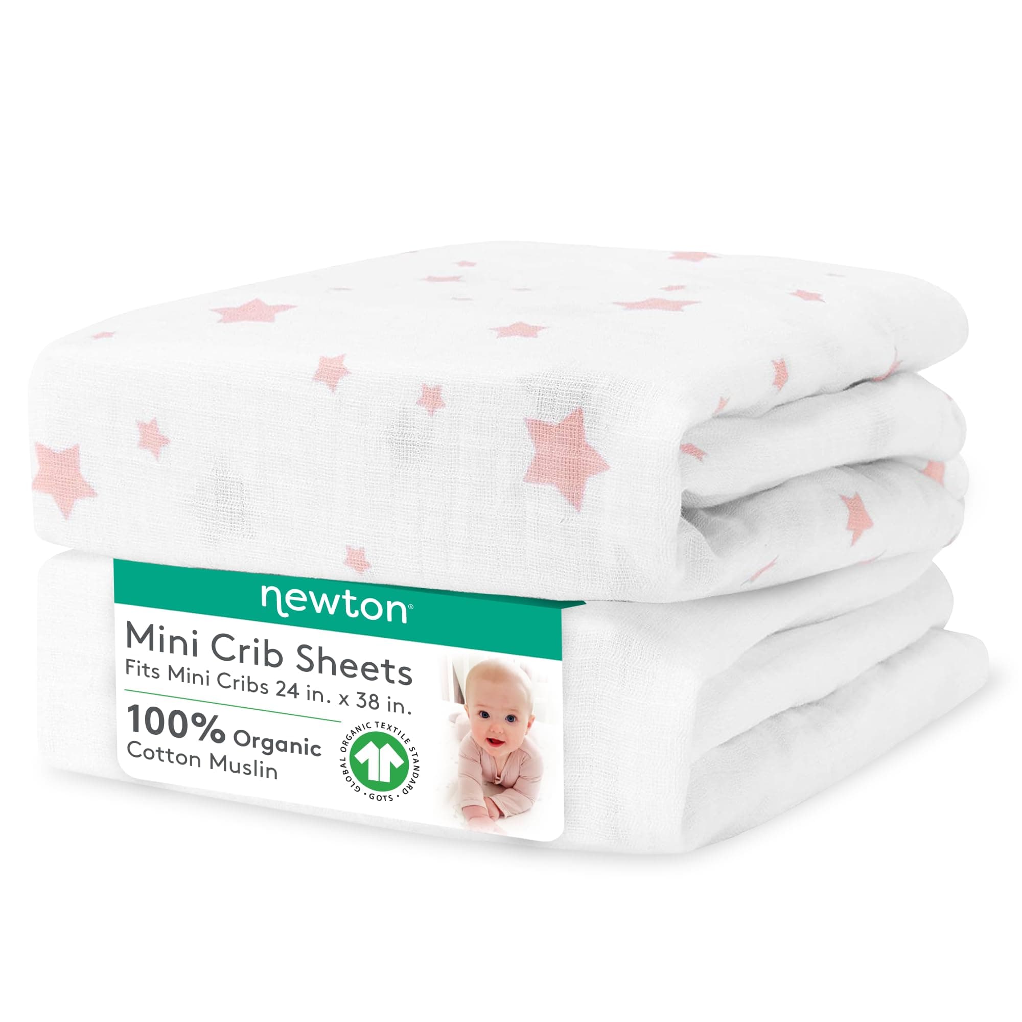 Newton Baby Mini Crib Fitted Sheets (2-Pack) | Organic Muslin Cotton, Breathable & Soft Baby Sheets, Machine Washable Baby Mattress Sheets, Fits Any Mini Sized Crib 24" x 38", Stardust Coral + White