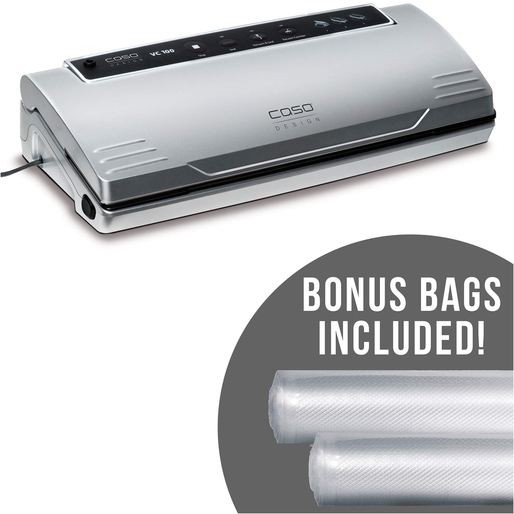 Caso Design 11380-2-KIT VC.100 Sealer KIT with Vacuum Hose Containers, Free Food Management App, 10 Starter Bags (8” x 11”), 1, Stainless